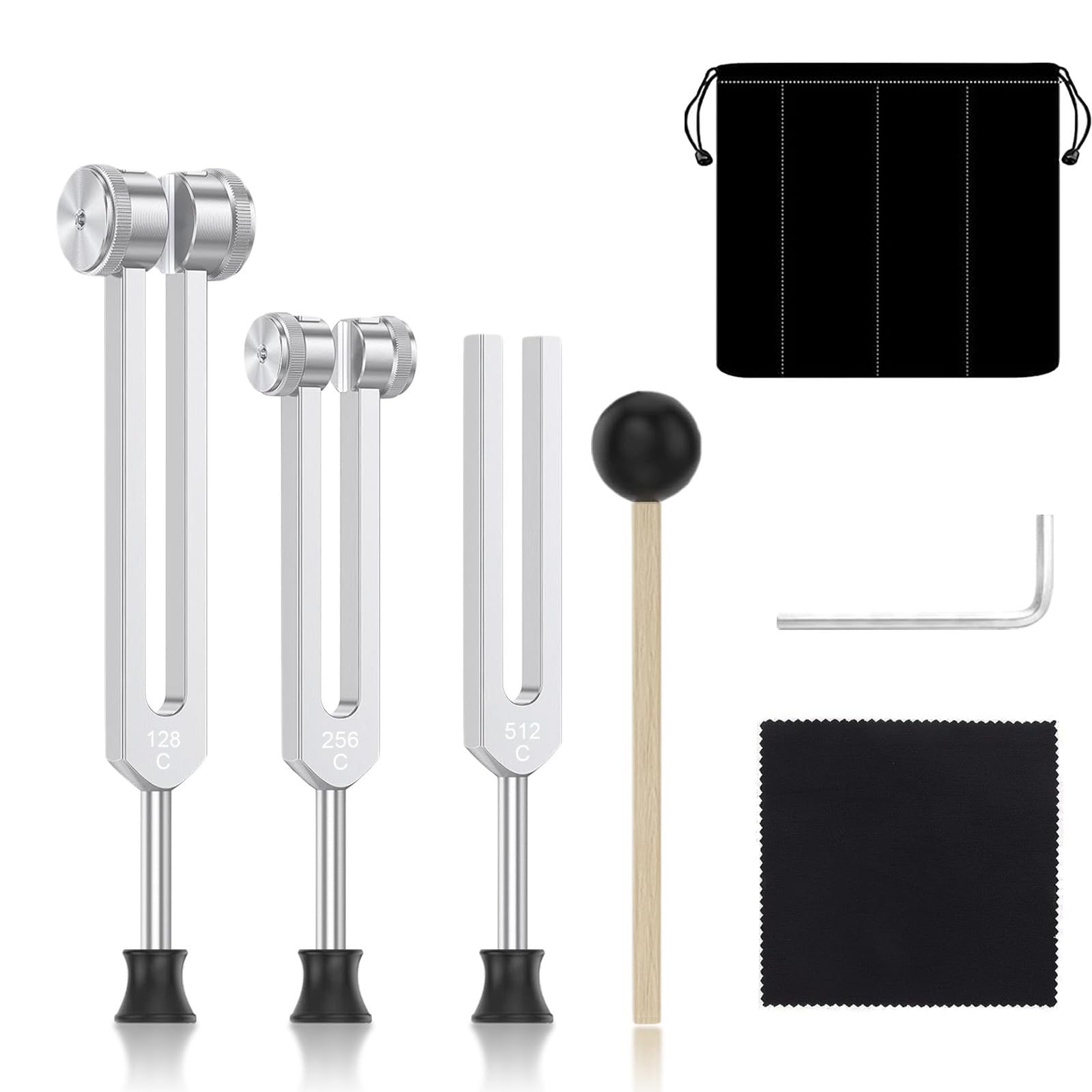 Juego de Diapasones - DiapasóN Para Sanar 128 C, 256 C, 512 C, con Martillo De Silicona y Funda, Juego de Herramientas de Terapia de SanacióN de Sonido, Para MeditacióN y Terapia (con base)