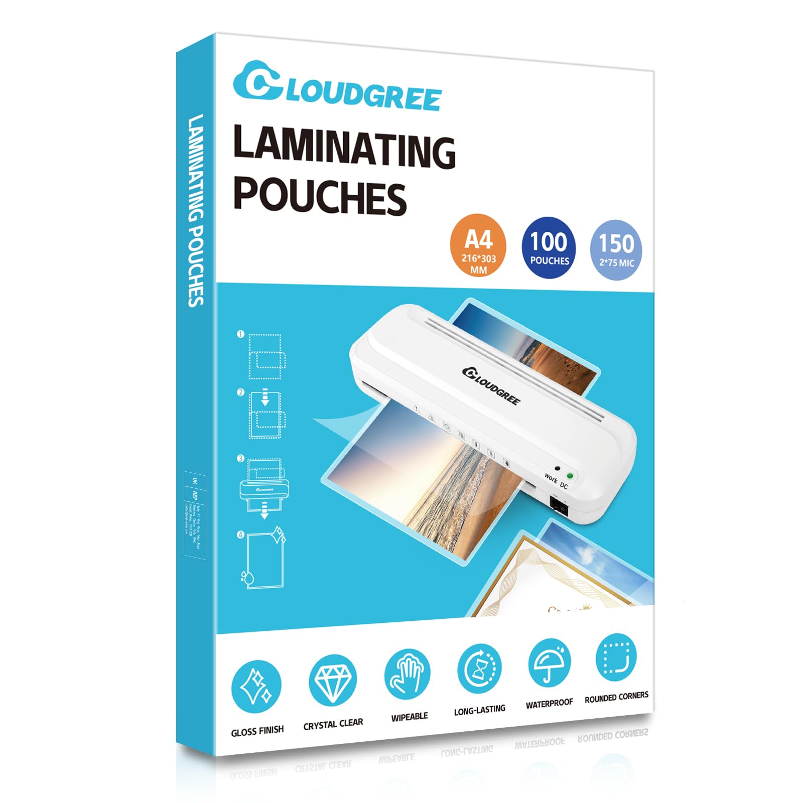 Cloudgree A4 Laminating Pouches - 100 Sheets, 150 Micron- High Gloss Finish, Durable, Crystal Clear, Rounded Corners, Full Protection, Waterproof - Ideal for Photos and Notes
