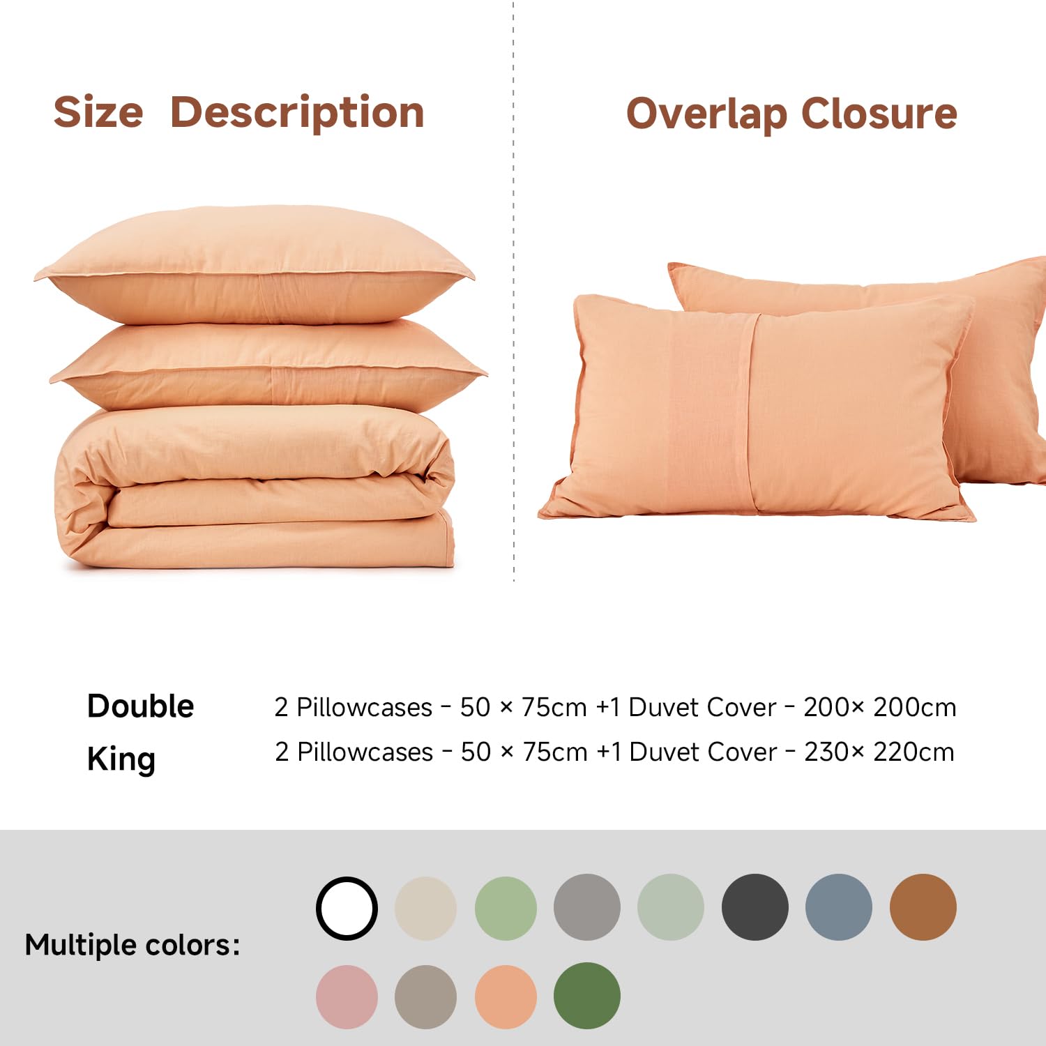 Simple&Opulence King Duvet Cover with 2 Pillowcases,Soft Cotton Linen Duvet Cover,King Size Bedding Set including Button Closure,Hypoallergenic Luxurious Breathable Quilt Cover Set,230x220cm,Peach - Image 2