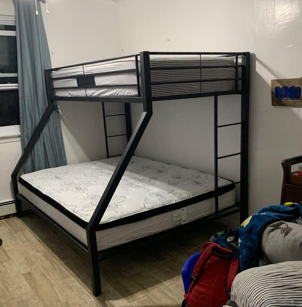 New Upgrade Thicken Metal Twin XL Over Queen Bunk Bed for Adults, Stronger Heavy Duty Steel Adults Bunk Beds Twin Over Queen Size with Ladder for Kids, Easy Assembly