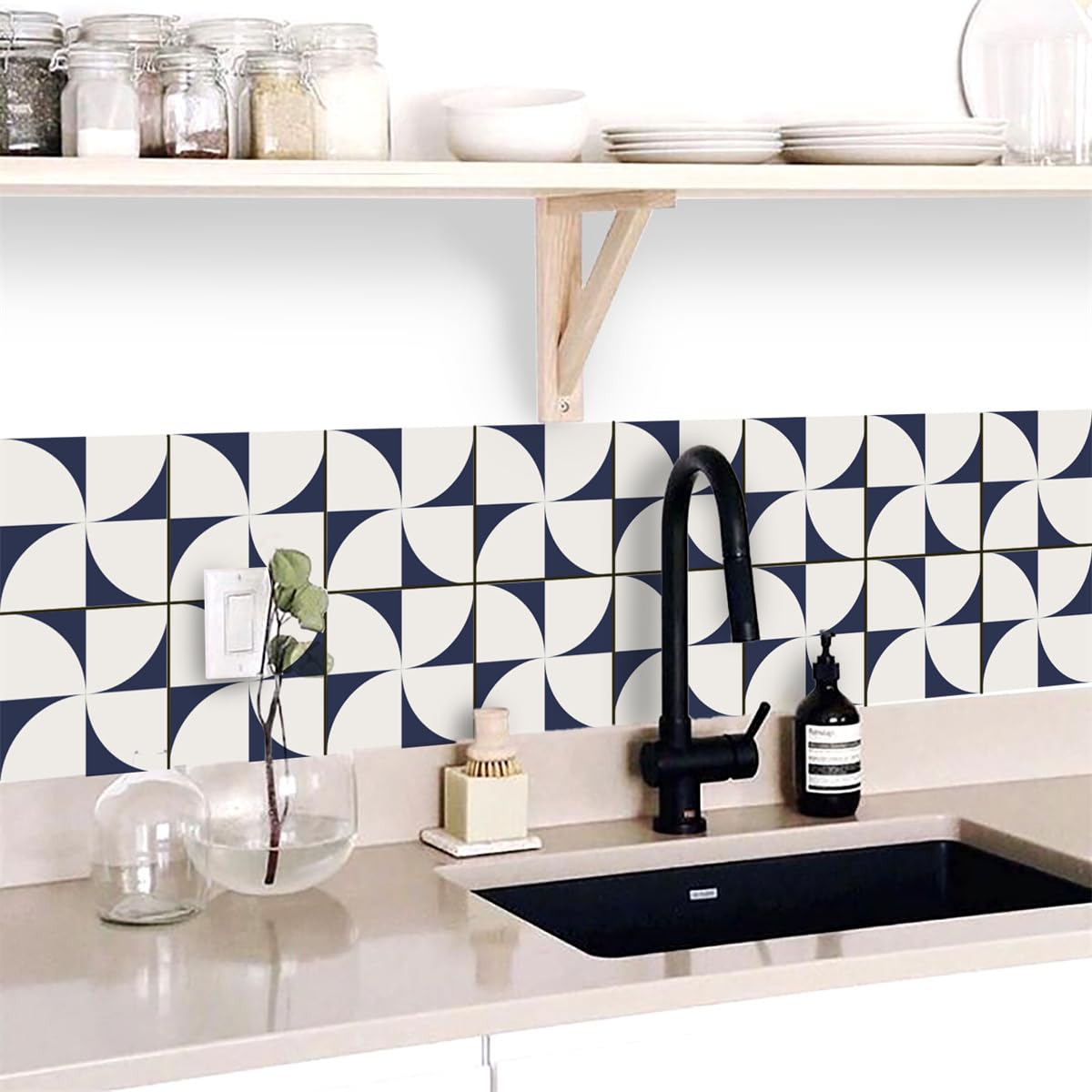 Azulejos de cerámica para pared, adhesivos para azulejos de 20 x 20 cm, color azul y blanco, para cocina y baño (24 unidades)
