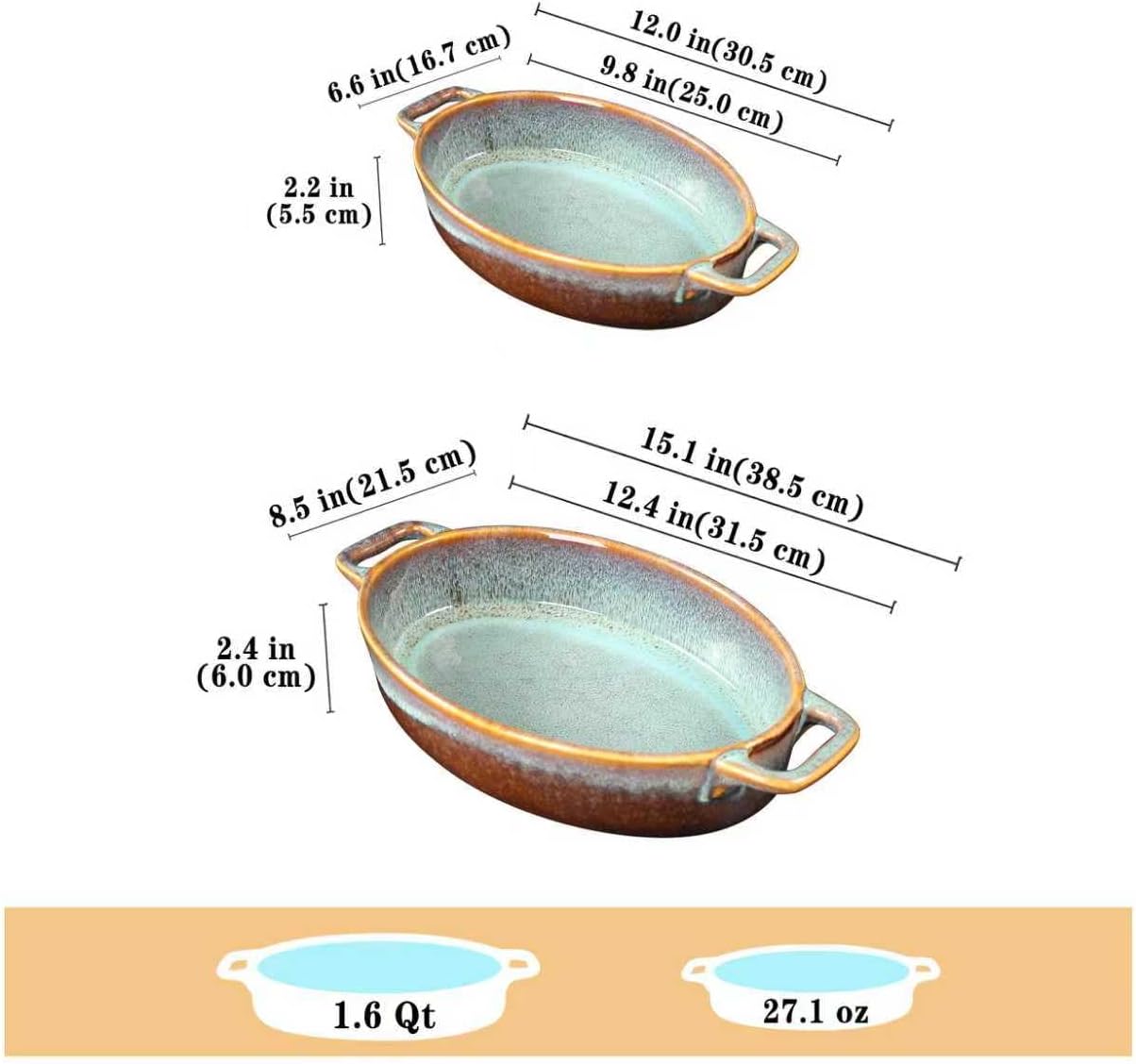 Baking Dish Ceramic Baking Dish、oval baking pan Set、Double handles Suitable for lasagna、Baking、Oven 12.4IN、9.8IN Reactive Glaze 2-Piece