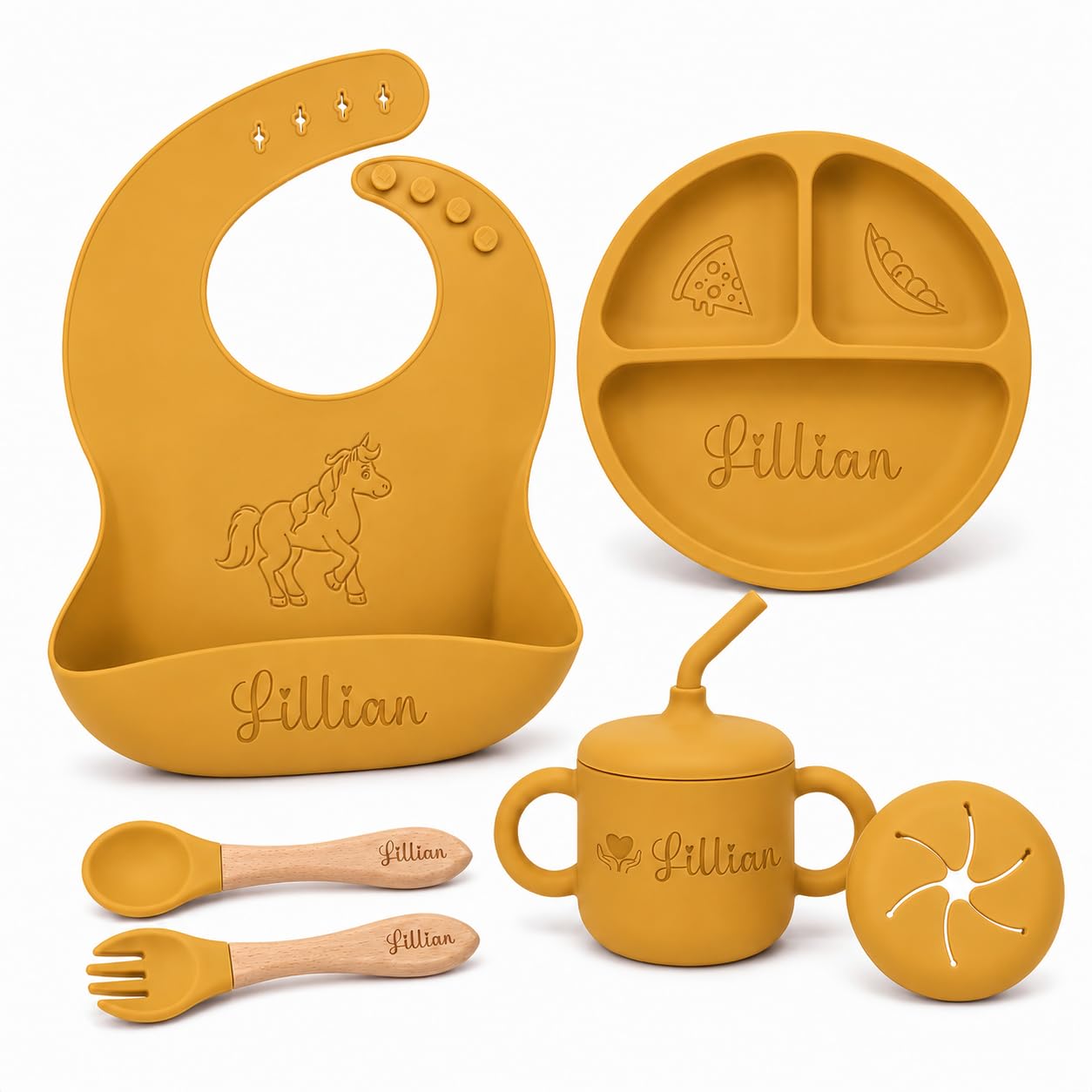 Personalized Silicone Baby Feeding Set, 6-Piece Laser Engraved