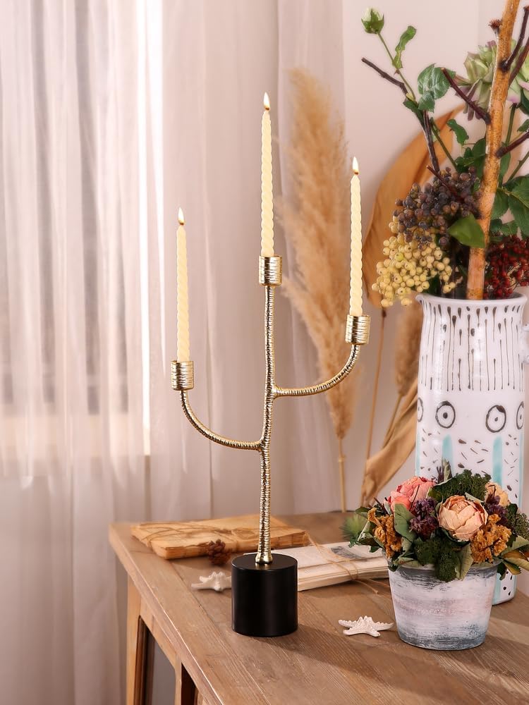 3 Arm Gold Candelabra,Hand Crafted Alloy Candlestick Holder Taper for Candlesticks,Formal Events, Wedding, Centerpiece 17.9" H