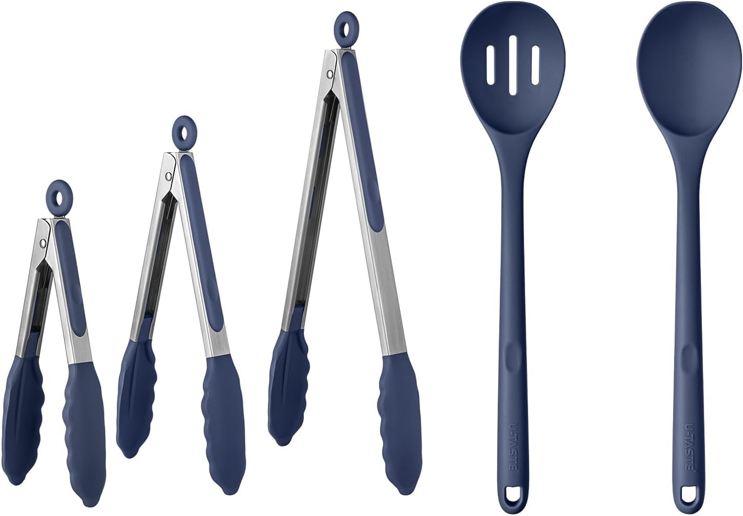 U-Taste 600℉ Heat Resistant Food Grade Non Stick Firm Cooking Tongs Set of 3, and 600ºF Heat Resistant Silicone Spoons, 13.3in Solid & Slotted Kitchen Mixing Tool (Midnight Blue)