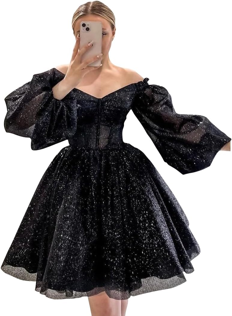 Homecoming Dresses Puffy Sleeve Short Tulle Prom Dresses for Teens Sparkly Formal Evening Gowns