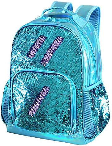 Holographic Kids Backpack Mermaid Sequin School Backpack for Little Girls Elementary Princess Glitter Bookbags(Teal)