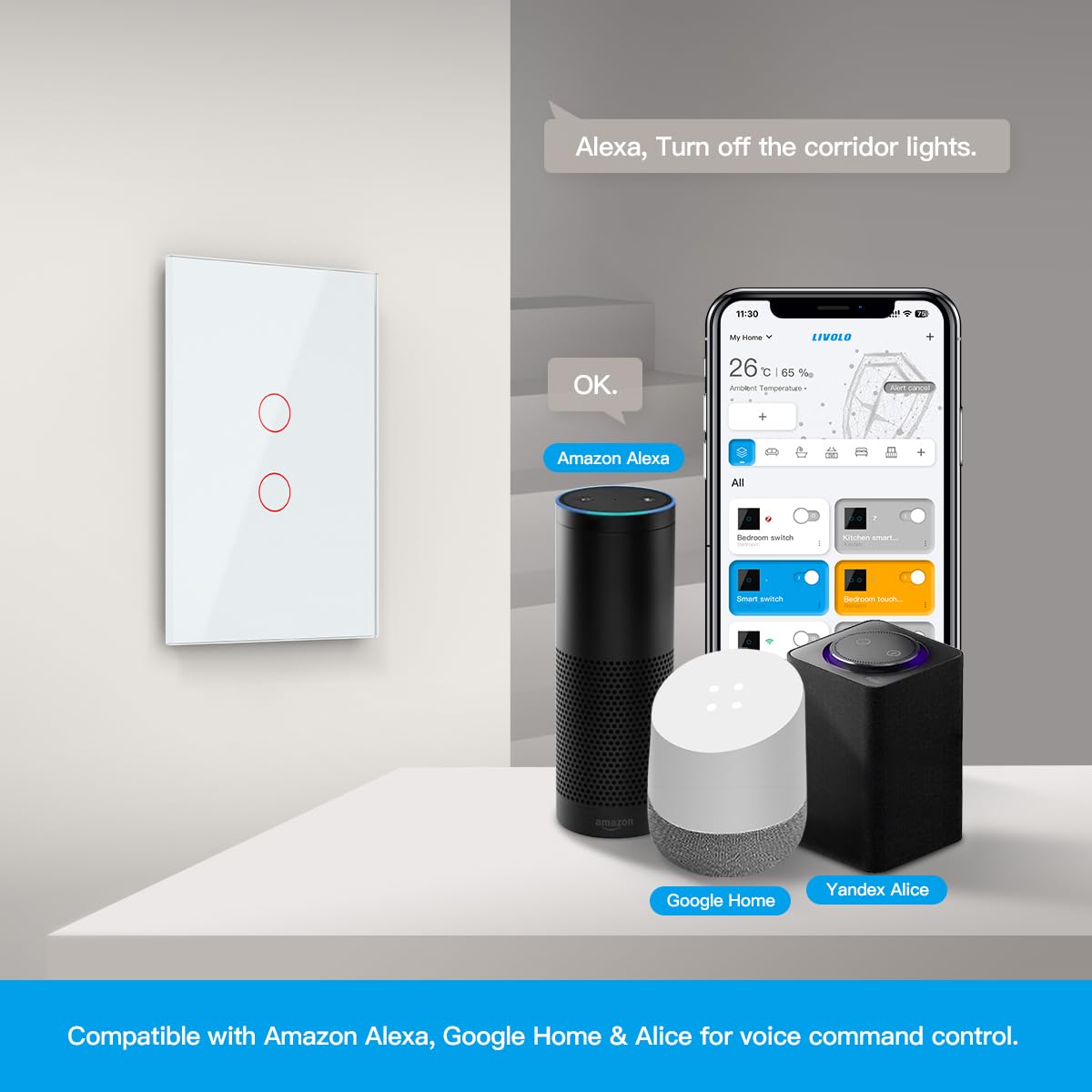 LIVOLO WiFi Touch Wall Switch for Smart Home, Compatible with Alexa & Google Home, Neutral Wire Required, 2 Gang, Tempered Glass Panel, White (120V)
