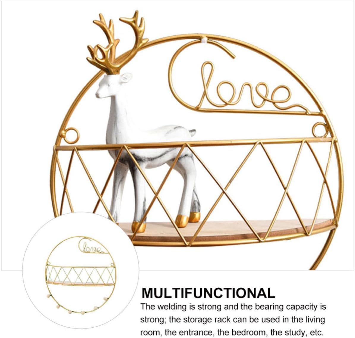 YARNOW Creative Gold Wall-Mounted Storage Shelf with Iron and Wood Material, Decorative Heart-Shaped Clothes Hanger Rack for Bedroom and Study, Punch-Free Installation Storage Basket
