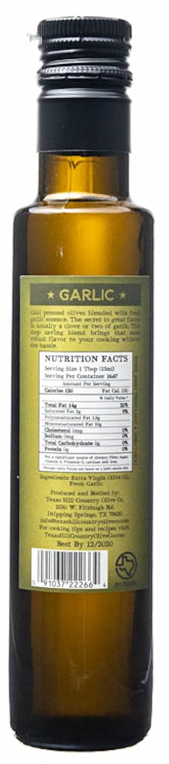 Texas Hill Country Olive Co Garlic Infused Olive Oil - Cold Pressed Gourmet EVOO Olive Oil - Great for Dressing Dipping Marinade - No Artificial Flavors or Added Sugar - Made in Texas (8.5 oz)