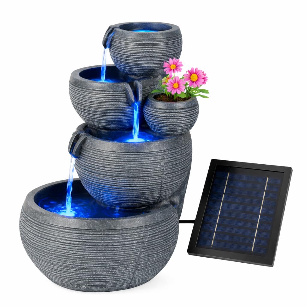 Gardenwize -Solar Cascading Fountain Water Feature with Battery Back-Up – Solar Powered Garden Fountain with LED Lights, Outdoor Patio & Deck Water Feature