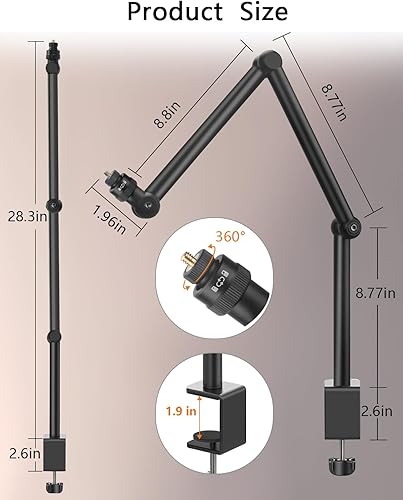 Miniatura 3 de HEMMOTOP Magic Arm Soporte de escritorio/abrazadera, brazo de cámara ajustable de 28 pulgadas para iPad, soporte de iPhone superior, para micrófono