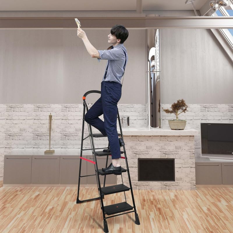 Image of TNT THE NEXT TREND Carbon Steel Cameo 6 Step Heavy Duty Foldable Step Ladder With Anti-Skid Shoes And Extra Strong Wide Steps (Black)