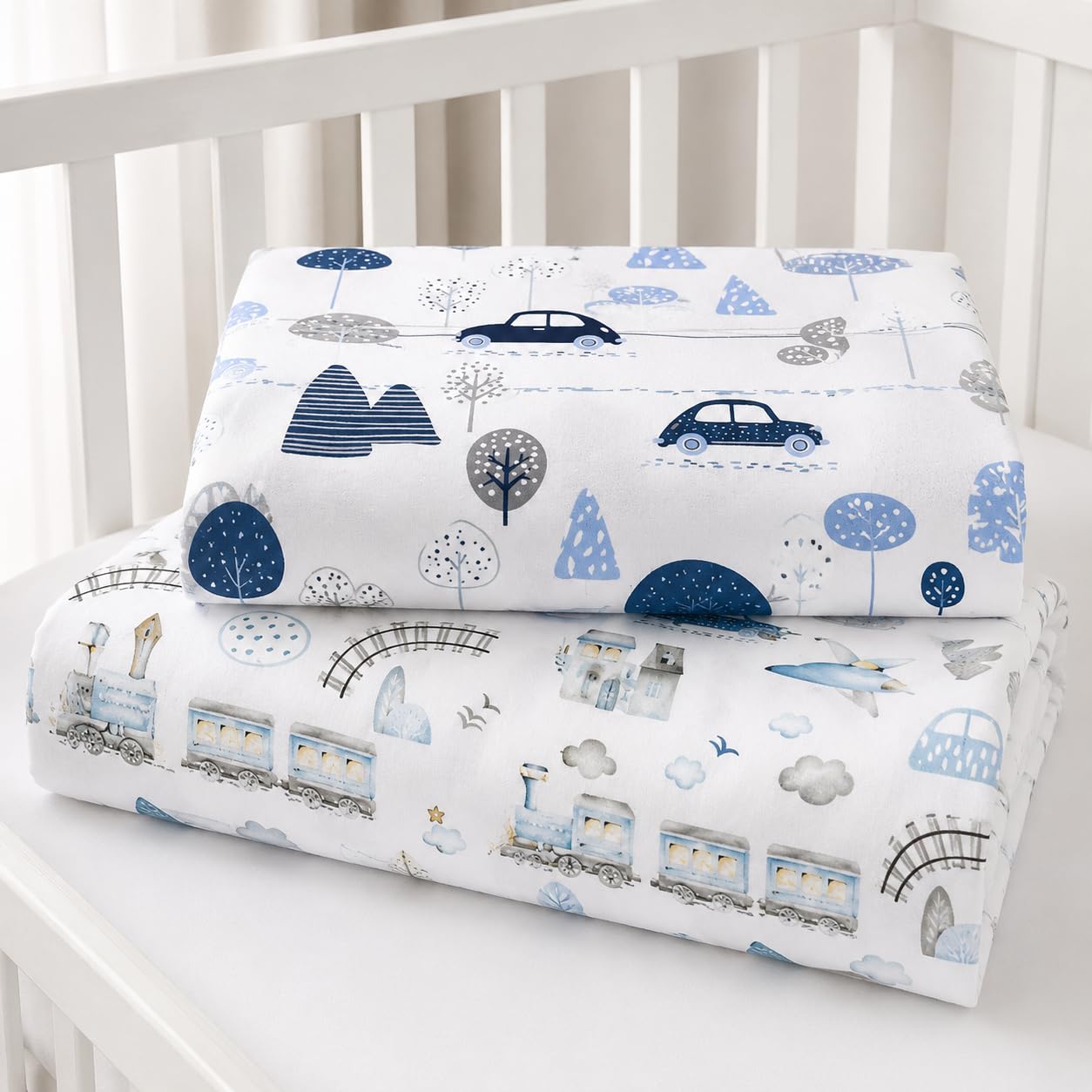 BABYMAM 2 Pack 100% Cotton Printed Fitted Cot Bed Sheets 120x60 cm Soft Breathable Elasticated Baby Cot Sheets Assorted Designs, Retro cars & Retro Locomotive