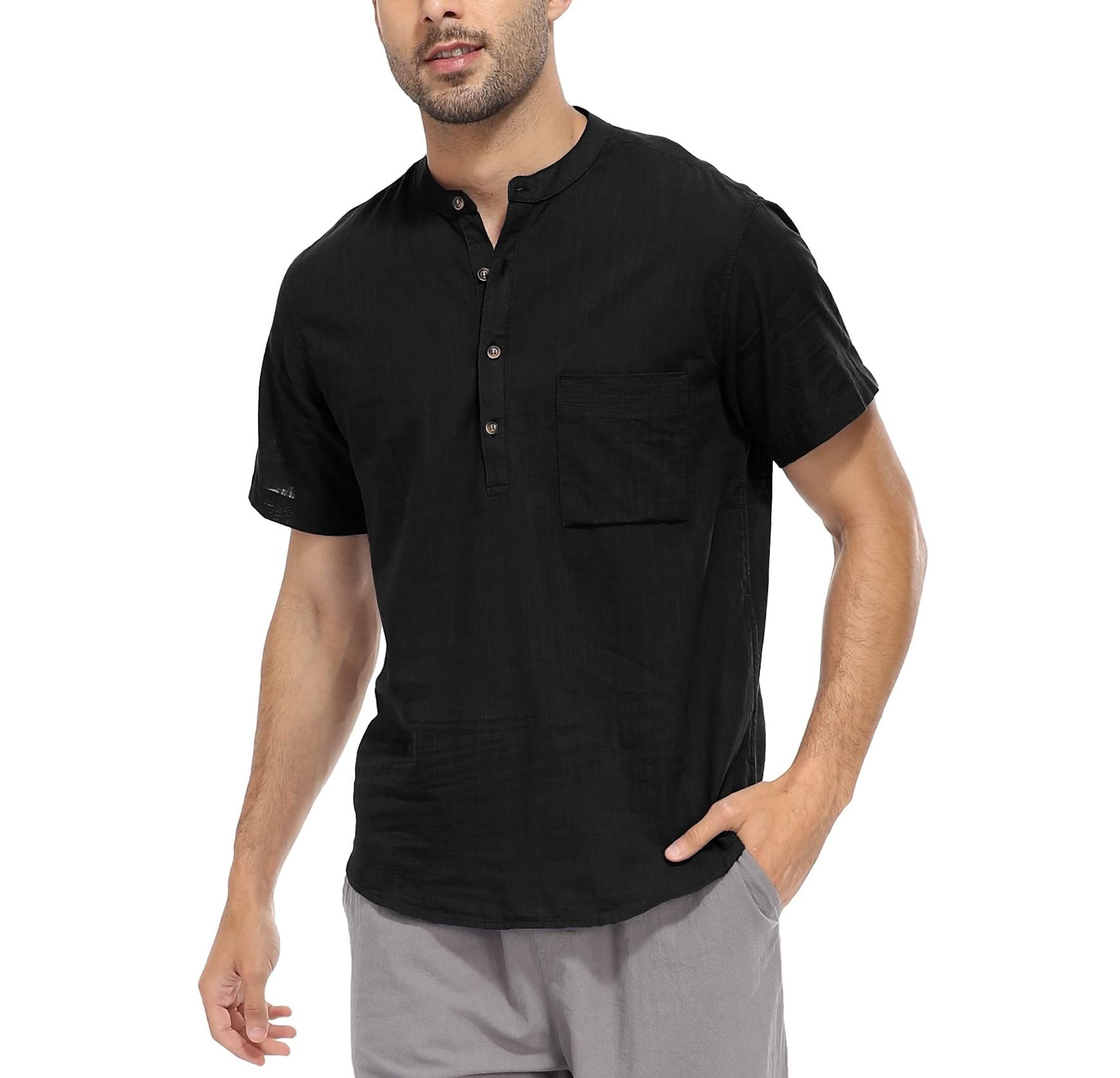 WAZZAP Camisa Henley de Lino y Algodón para Hombre Manga Corta Verano Casual Hippie Playa Camisa