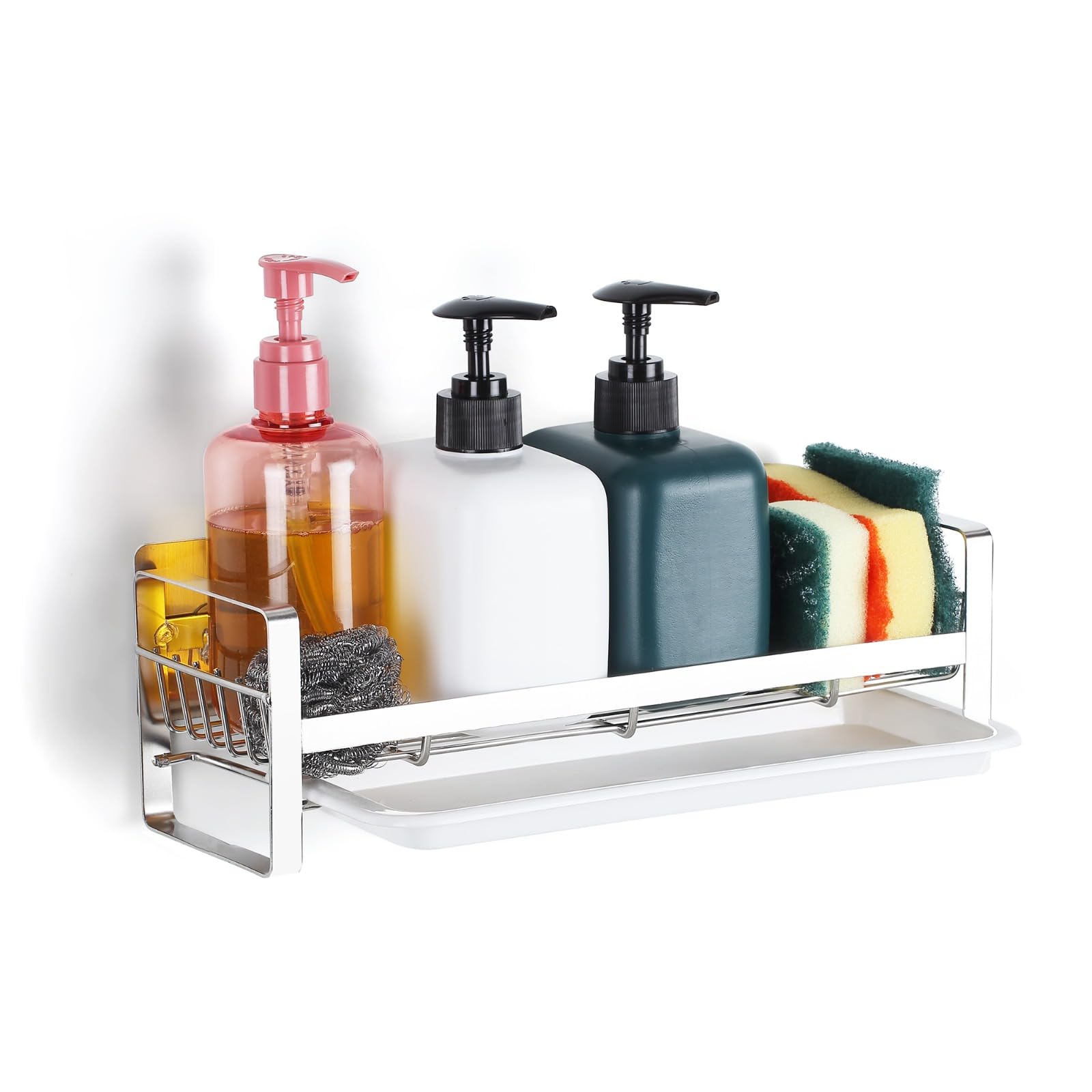 Xacton Large Stainless Steel Sink Cleaning Supplies Caddy Organizer With Removable Tray,30X9.5X9.5 CM,Kitchen Sponge Holder,Countertop Or Adhesive Wall Mounting Organiser For Bath Accessories,Silver