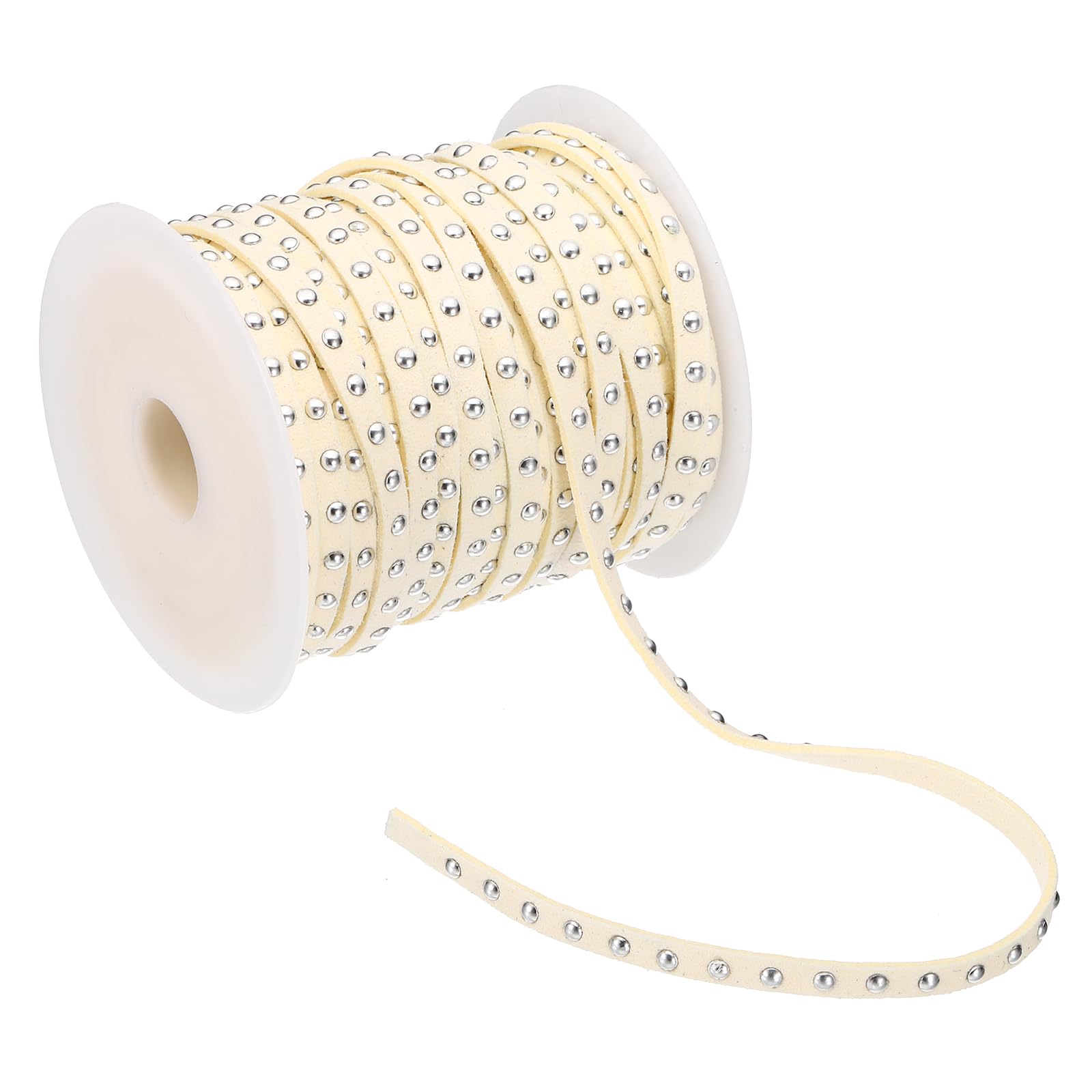 PATIKIL 65.6ft Studded Faux Suede Cord Rope for Jewelry Making, 5mm Micro Fibre Flat Leather Lace Beading String Ribbon with Rivets, Beige Silver