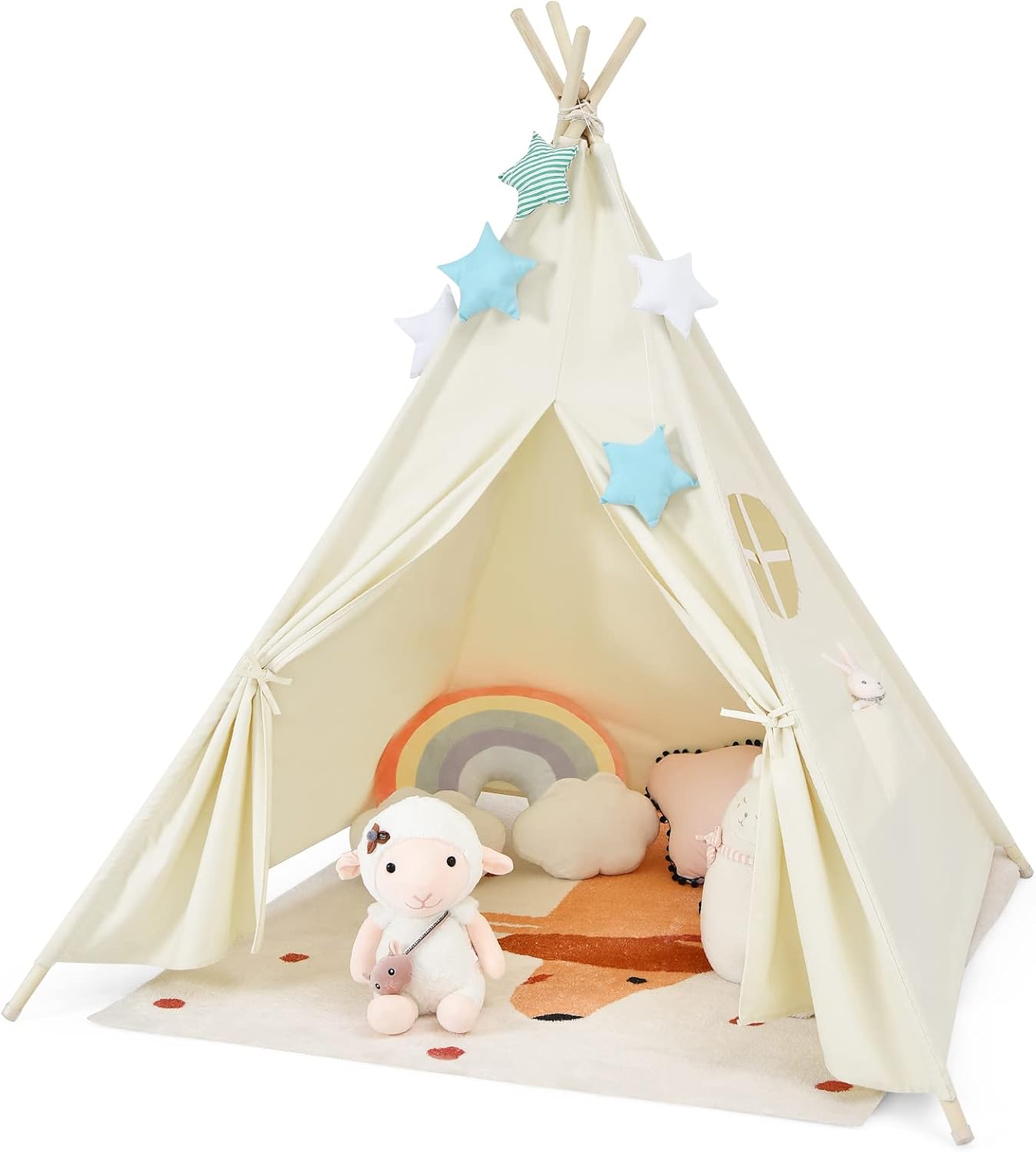 GLACER Teepee Tent for Kids, 100% Cotton Play Tent with Carry Bag, Side Pocket, Window, Foldable Toddler Tents for Indoor Outdoor Games, Gift for Boys & Girls