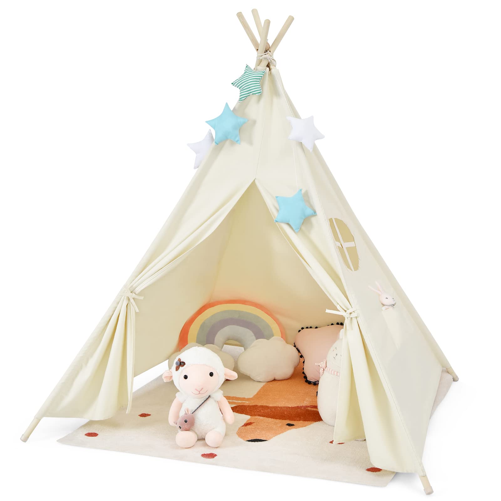 GLACER Teepee Tent for Kids, 100% Cotton Play Tent with Carry Bag, Side Pocket, Window, Foldable Toddler Tents for Indoor Outdoor Games, Gift for Boys & Girls
