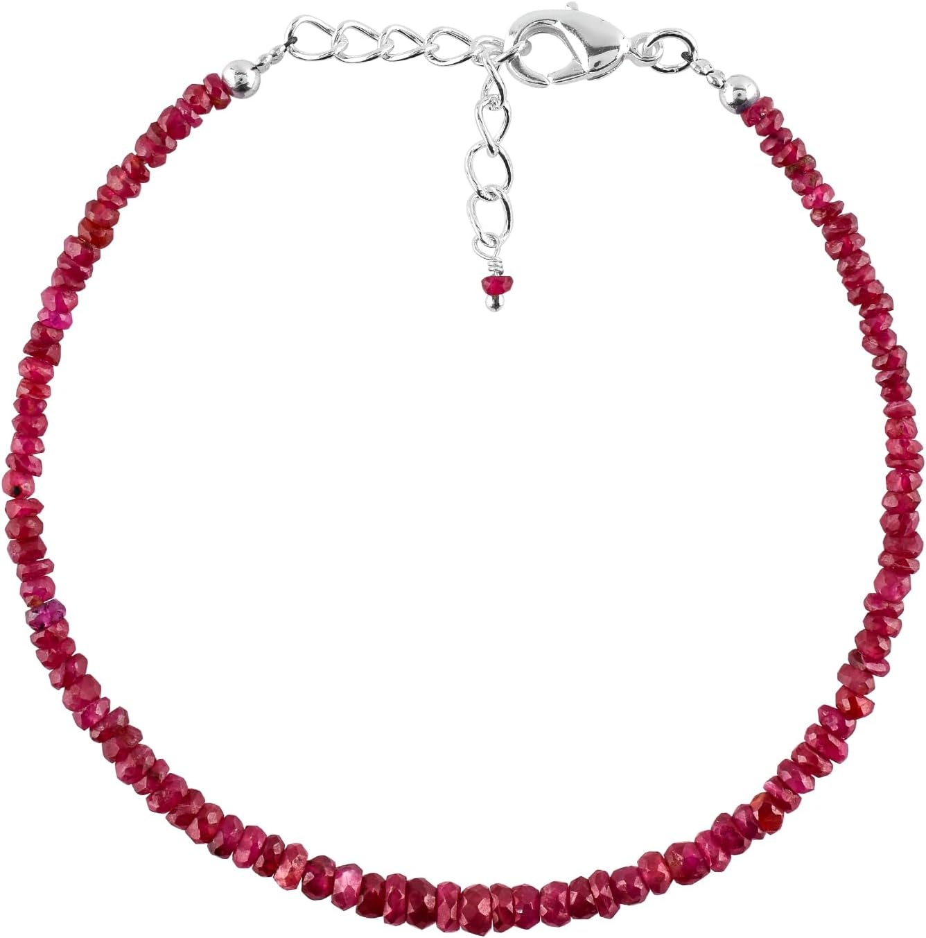 InfinityGemsArt Mozambique Ruby Dainty Bracelet Natural Gemstone Full Beads Bracelets Jewelry for Women, July Birthstone Energy Crystals, Silver Plated Chain 8 inch
