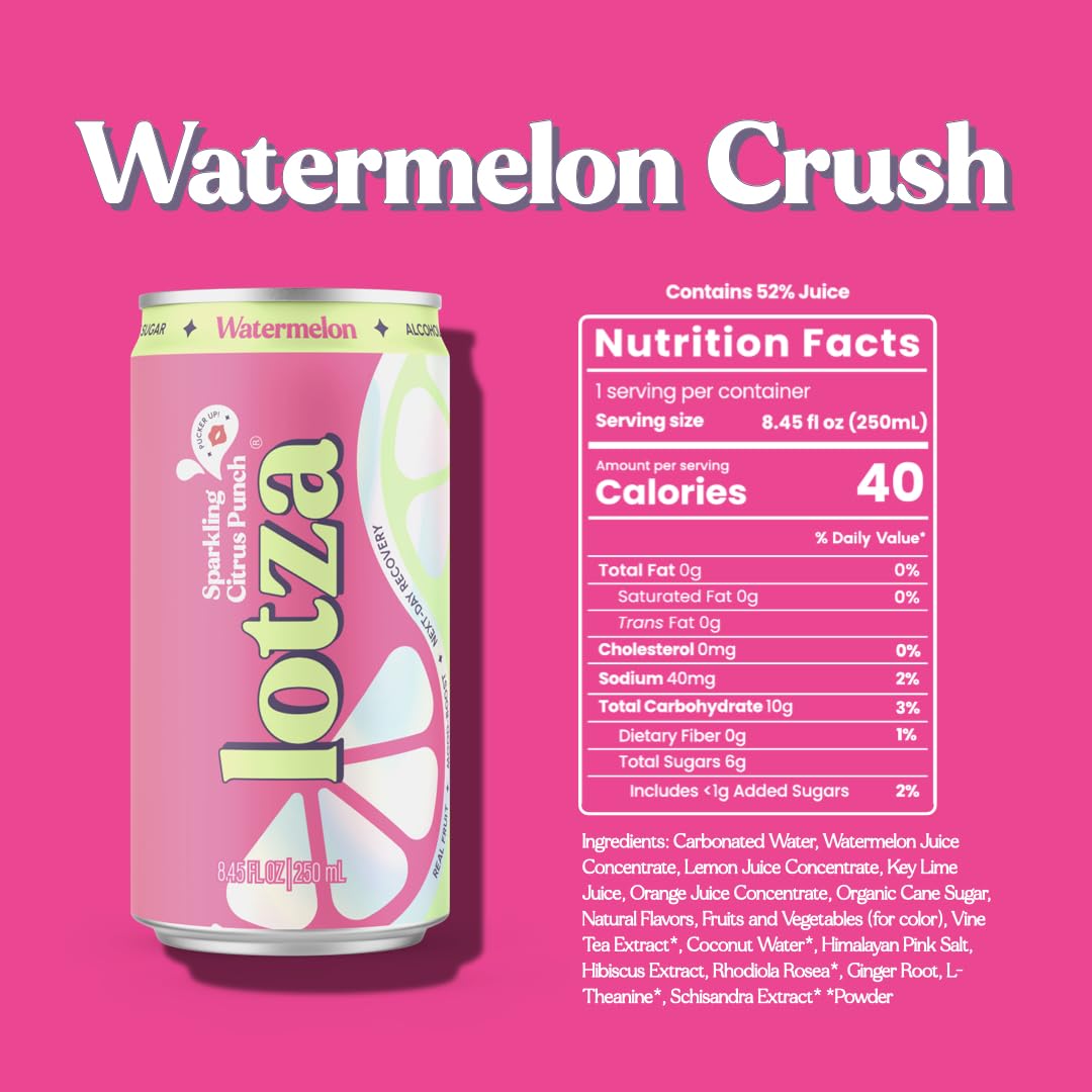 Lotza Sparkling Non-Alcoholic Adaptogen Drink with Electrolytes | Non-Alcoholic Mocktail & Drink Mixer| Antioxidants & Real Fruit (Pack of 12) Watermelon