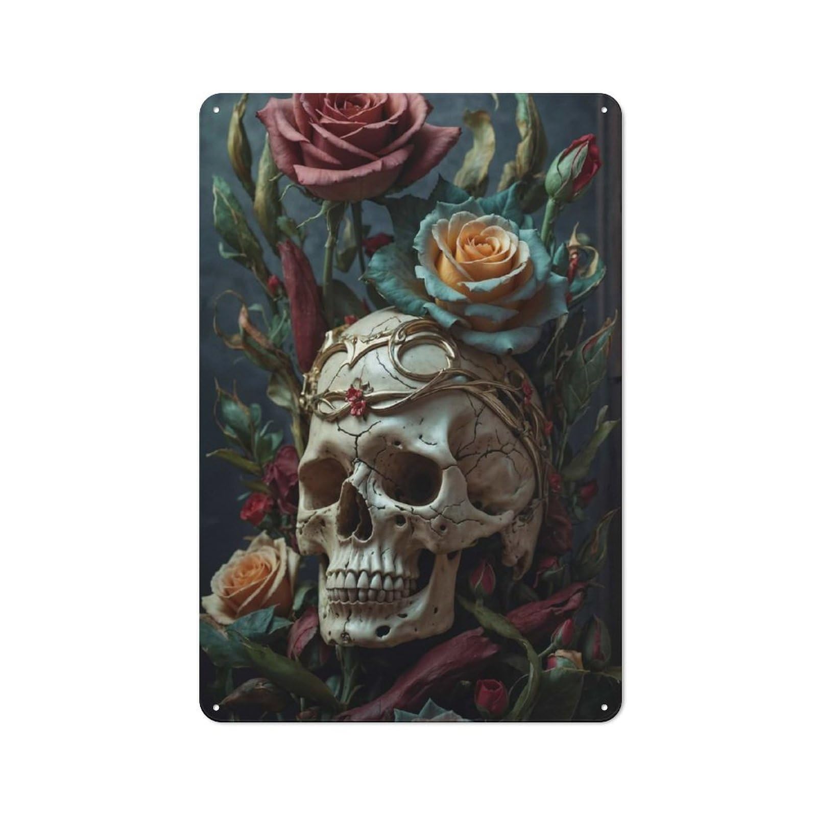 Skull with Crown And Roses Vintage-inspired Tin Sign 30x20cm for Garage Or Workshop, for Vintage Wall Decor Fans, for Metal Sign Collectors