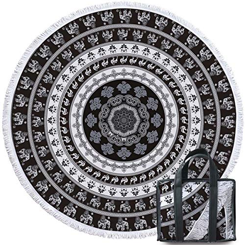 Sleepwish Round Mandala Beach Towel Bohemian Large Roundie Beach Blanket With Tassels Yoga Mat Tablecloth (White Black Walking Elephant, 60") #TOP4