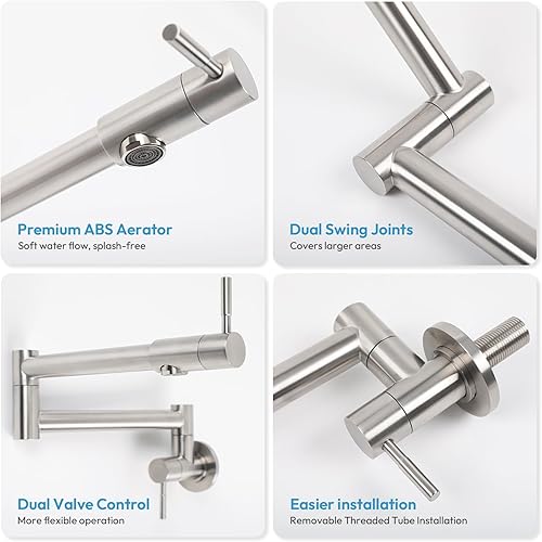 Miniatura 4 de Grifo de llenado de ollas de acero inoxidable de níquel cepillado, montaje en pared con brazos oscilantes de doble junta, grifo de cocina plegable