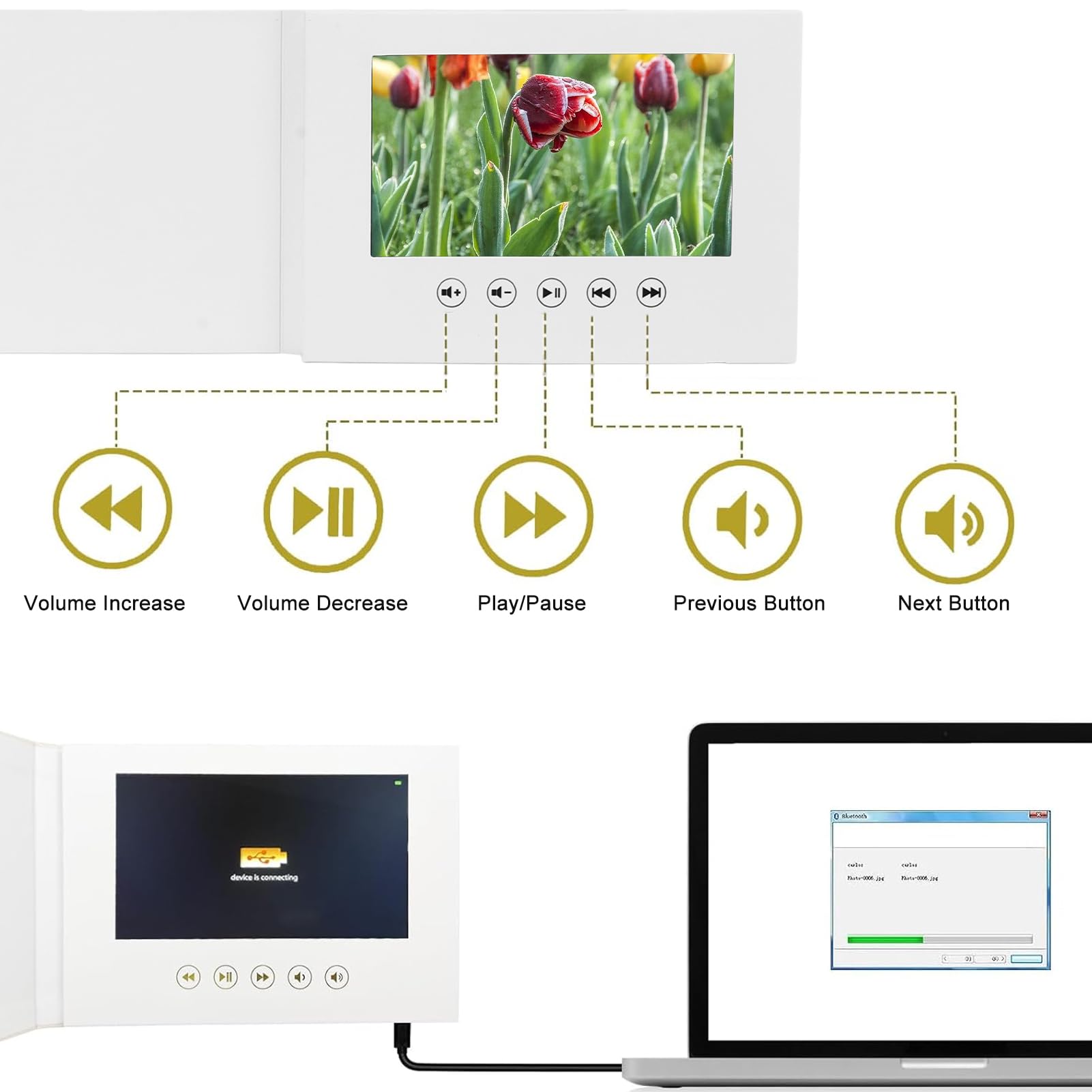 Carte de Vœux Vidéo, Brochure Vidéo, Carte de Vœux électronique avec écran LCD, Livre Vidéo Qui Lit Votre Vidéo de Mariage, Livre Vidéo de Mariage, Album Vidéo de Mariage. (7po 14 Dents)