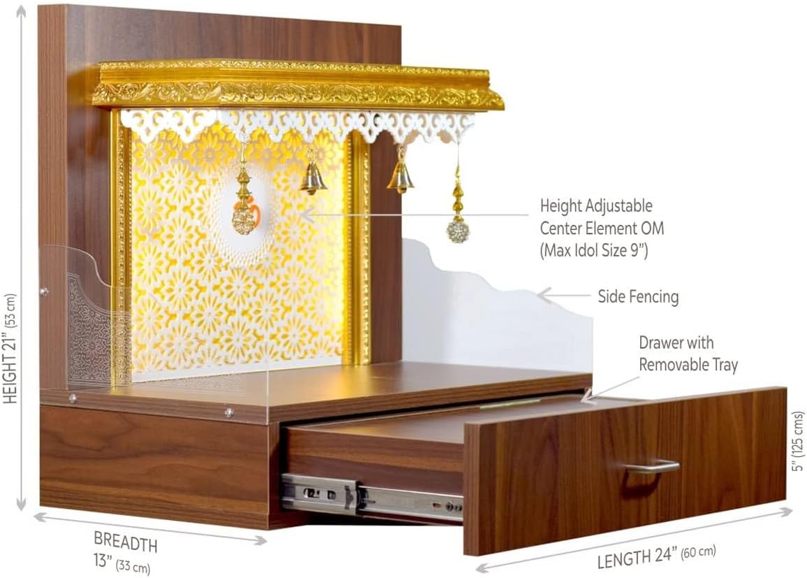 Devyom Wooden Wall Hanging Pooja Mandir for Home/Temple For Home/Pooja Chowki/Mandir For Home/Pooja Mandir with LED Lights Colour:-Brown