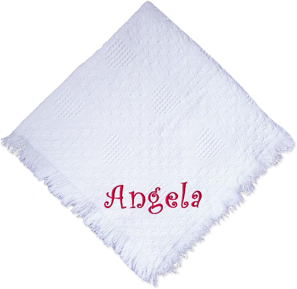 Custom Embroidered Monogrammed Girl White Cotton Woven Personalized Baby Blanket