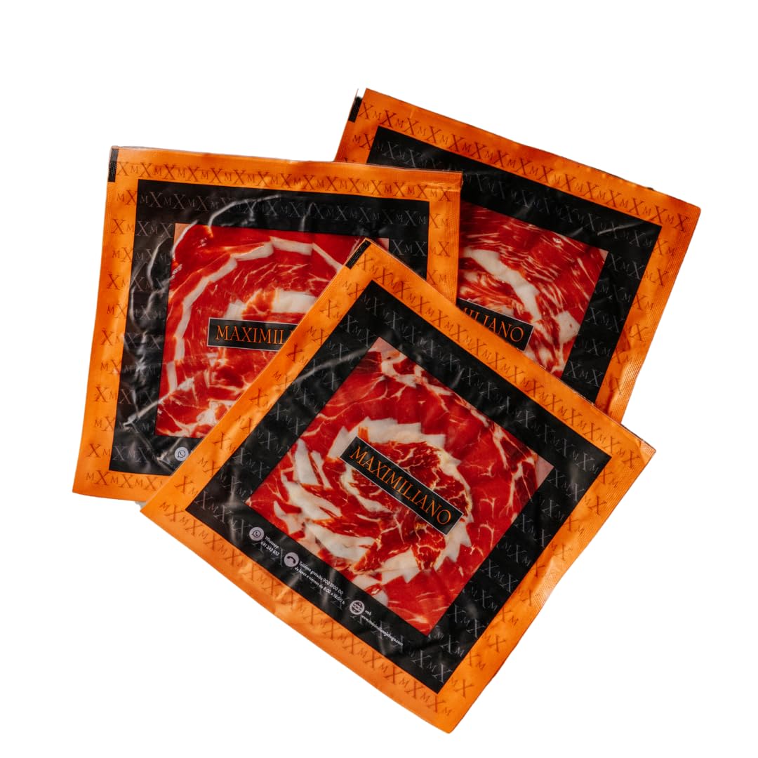 Maximiliano Jabugo - Jamón Bellota - Jamón 100% Ibérico - 24 Estuches 80 gr + 2 Estuches Taquitos 100 gr - Cortado a Mano - Exclusivo, Auténtico - Curación 36 Meses - Crianza en Libertad - Brida Negra