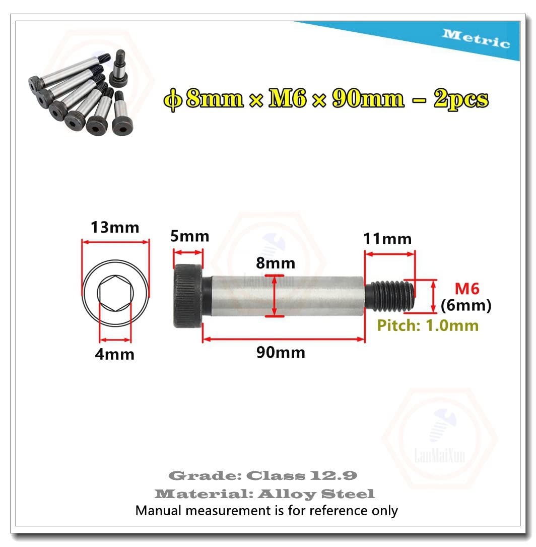 ?8mm×M6×90mm-2pcs 12.9 Grade Alloy Steel Hexagon Socket Shoulder Bolts,8mm Shoulder Diameter, 90mm Shoulder Length, Thread Size M6-1.0mm