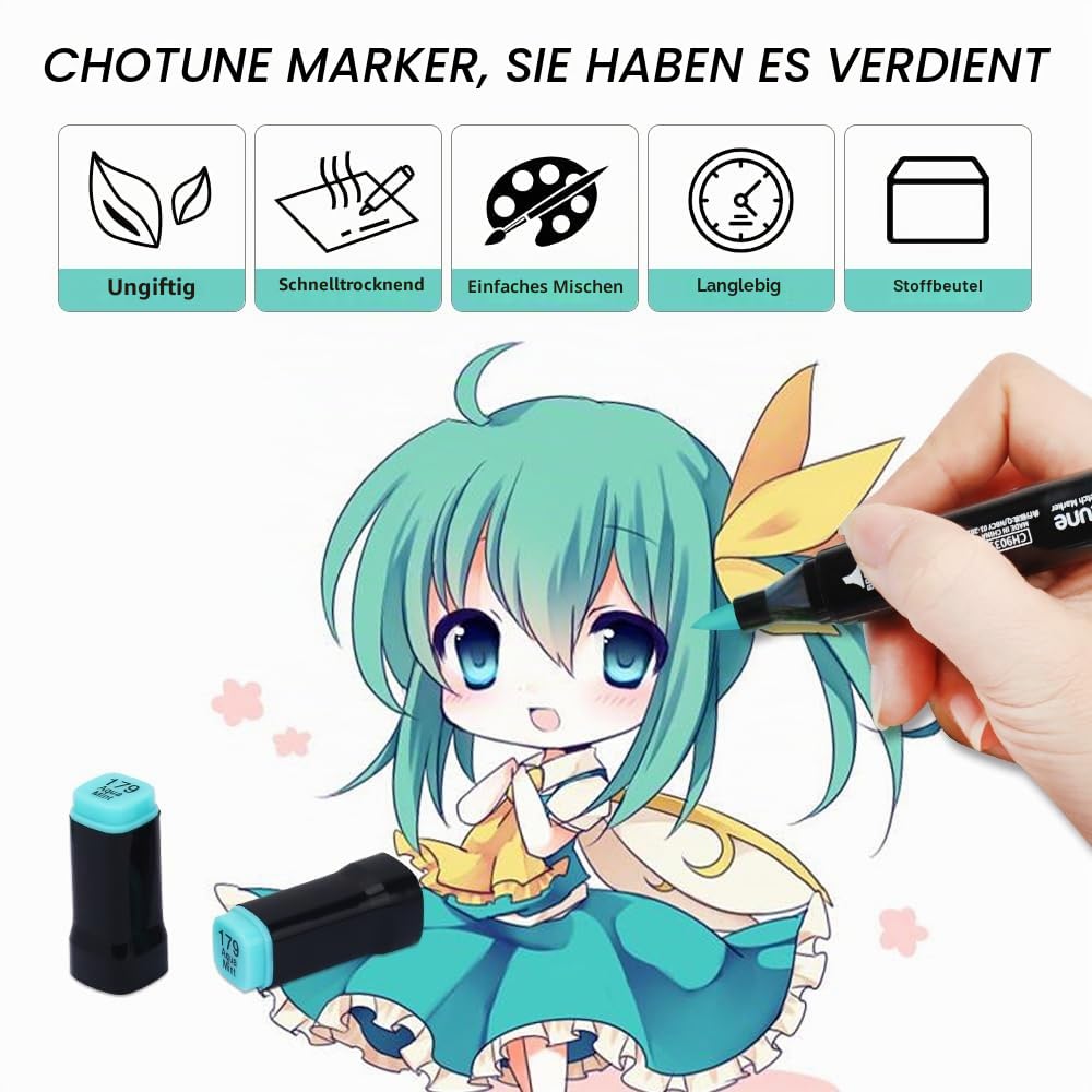 CHOTUNE Alkoholmarker 168 Farben,Markierungsstift mit Pinselspitze & Feiner Spitze,Doppelendige Marker für Zeichnen Skizzieren Manga Anime,mit Aufbewahrungsbasis & Tragetasche,Schnelltrocknend