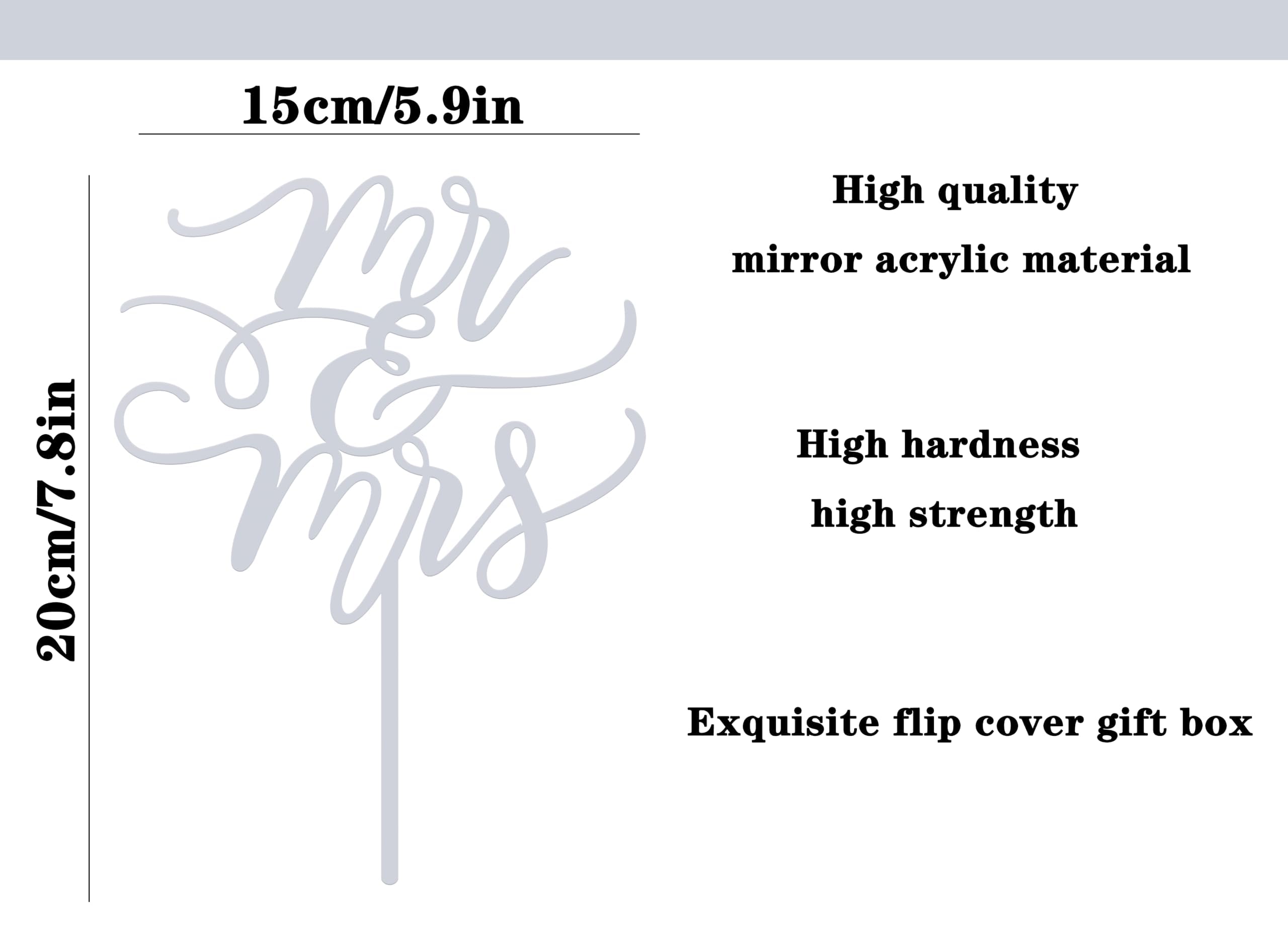 Mr and Mrs Cake Topper - Glitter Silver Acrylic Wedding Cake Decorations, Bride and Groom Cake Pick (Silver)