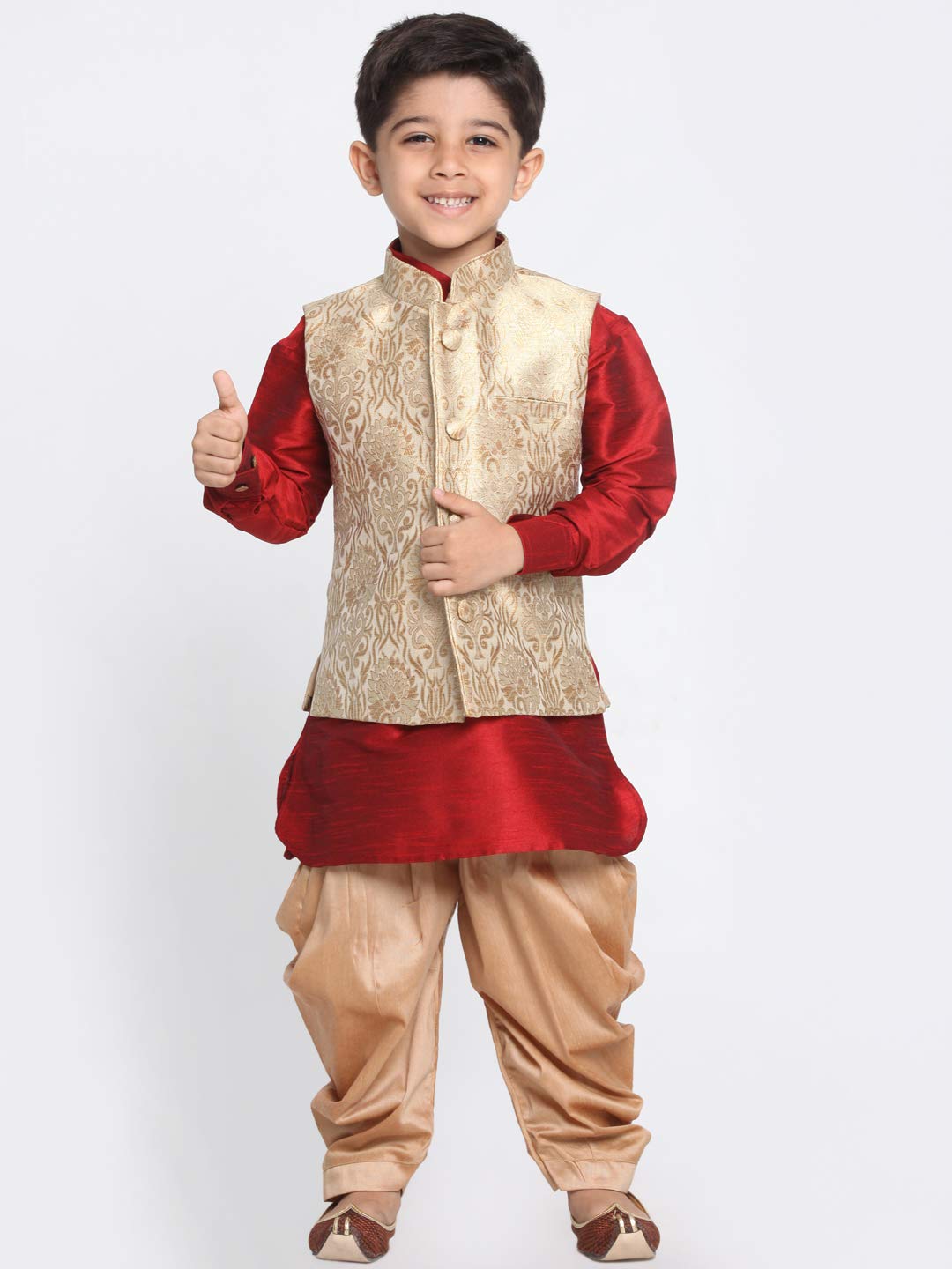 Vastramay Banarasi Brocade Woven Jacquard Nehru/Modi Jacket With Silk Pathani Kurta & Dhoti Pant Set  Traditional Ethnic Wear For Boys