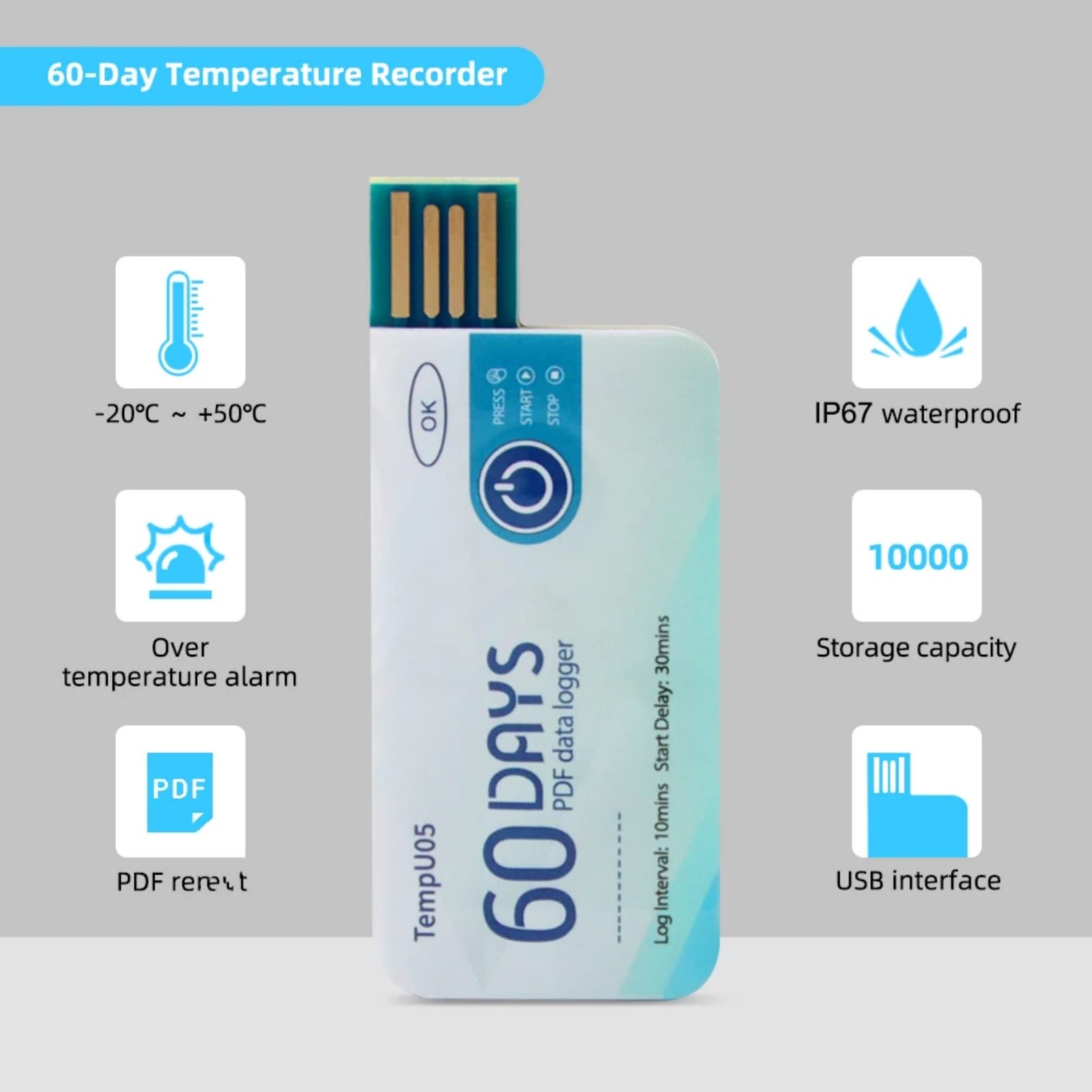 TempU05 Registratore di Dati di Temperatura USB Monouso, Registratore di Dati ad Alta Precisione Registratore di Temperatura per il Monitoraggio di Alimenti, Farmaci, Prodotti Chimici
