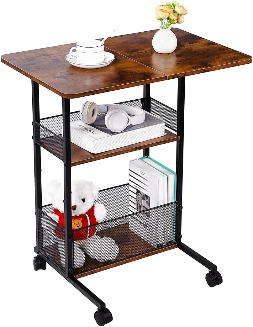 C Shaped End Table with Storage Shelf Basket, Small Couch Table with Wheels for Sofa Recliner Bedside, Rustic Brown Side Tables with Extended Desktop for Living Room, Bedroom, Home,Office