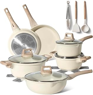 Just Perfecto Set of 21 Saucepans and Pans Non-Stick Cookware Set, White Granite, Induction, Non-Stick Pans and Saucepans Set (PFOS, PFOA Free) (15 Pcs Biege)