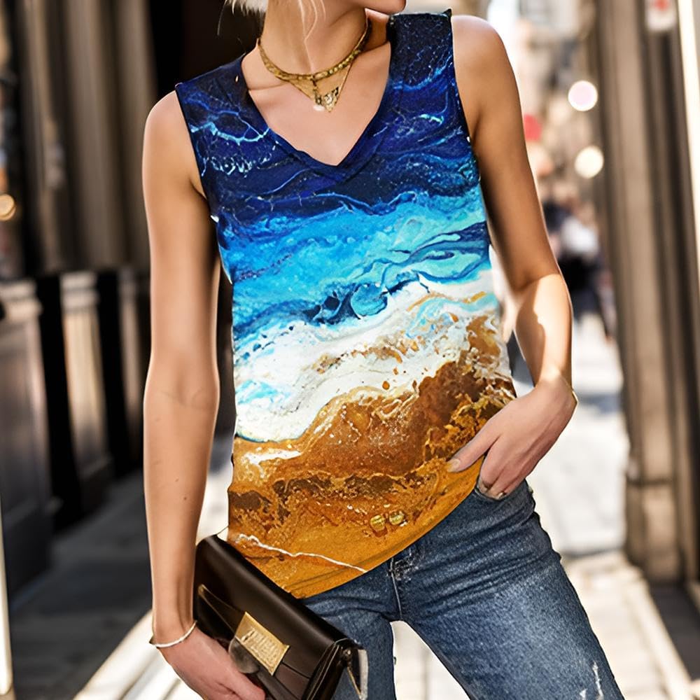 Womens Summer Tops Sexy Tie Dye V Neck Tank Top Loose Fit Cute Printed Workout Sleeveless T Shirts - Image 2