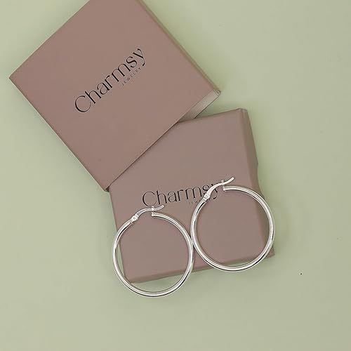 Miniatura 5 de Charmsy - Aretes de aro de plata de ley 925, ligeros, italianos de 0.098 in, corte de diamante, redondos, clásicos, para mujer