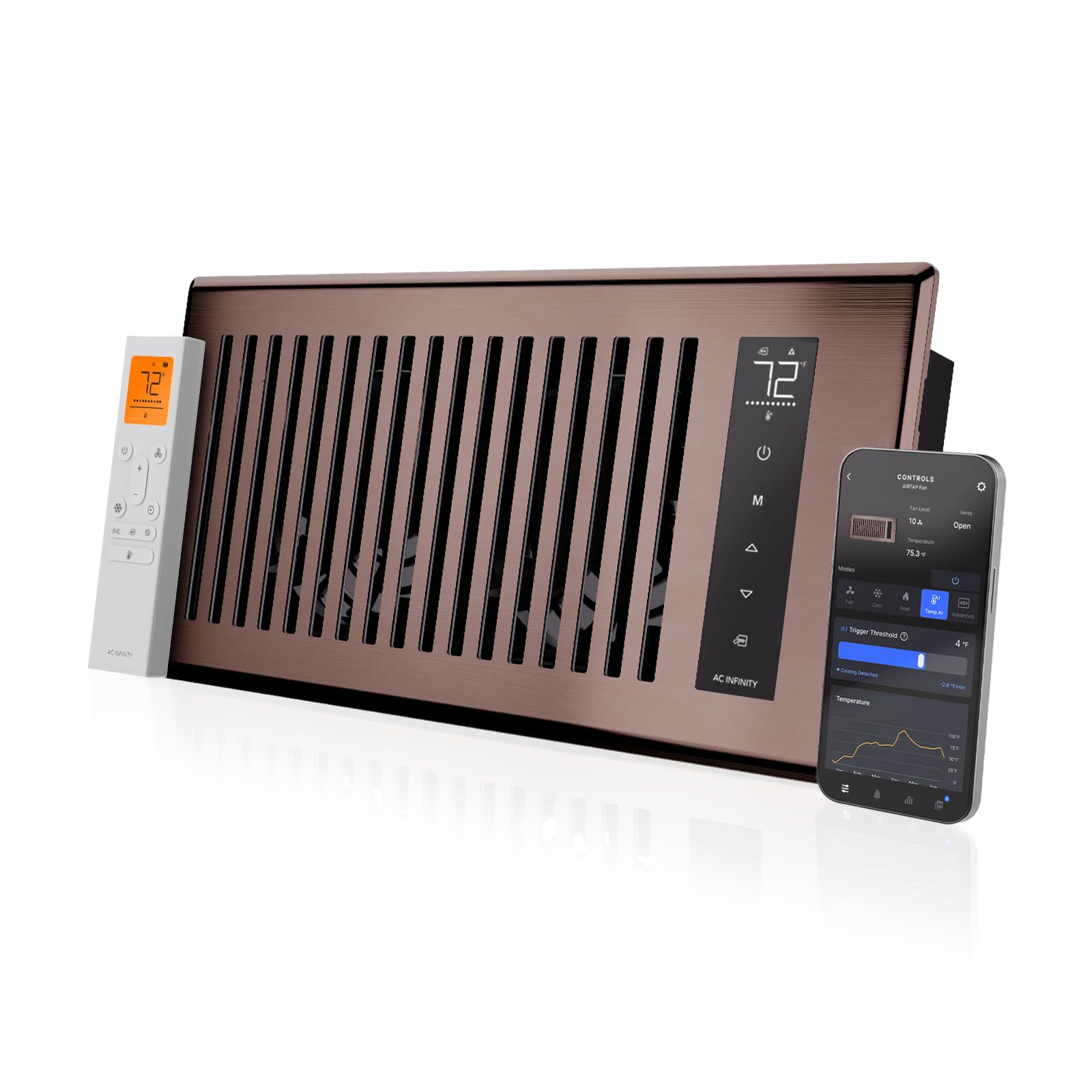 Automatic Open/Close Vents, Wireless LCD Temperature Controller, WiFi App, Quiet 10-Speeds, Smart Home AC Infinity AIRTAP T4, Bronze Register Booster Fan for 4”x10” Openings