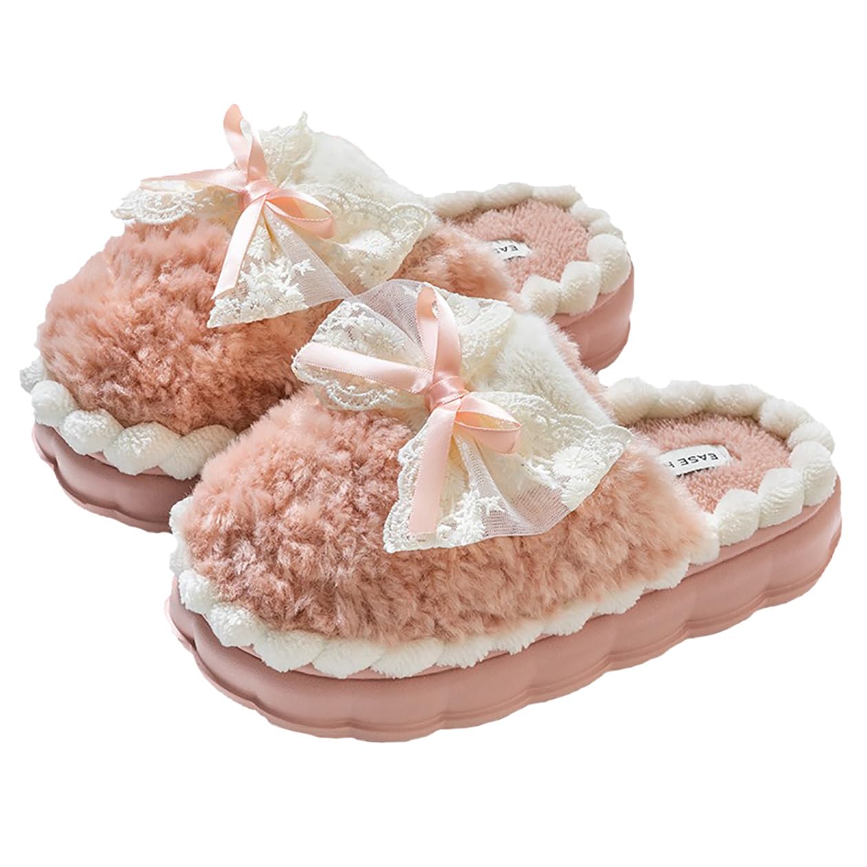 HANDKEI Women's cute bow anti slip thick rubber sole plush slippers for home and indoor use