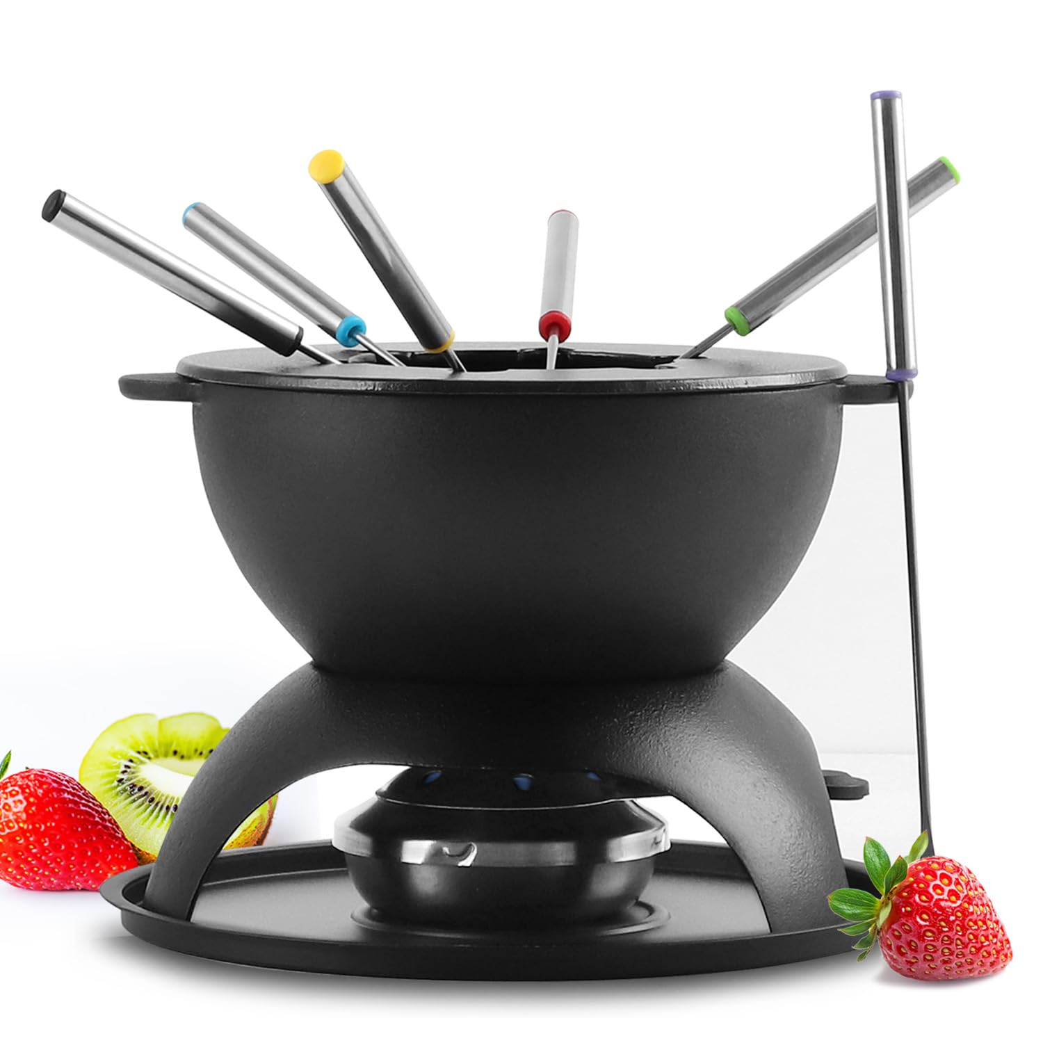 Artestia Cast Iron Fondue Pot for Chocolate, 5-Cup Cheese Fondue Pot with 6 Colored Forks for Fondue Party, 4-6 Person, Black
