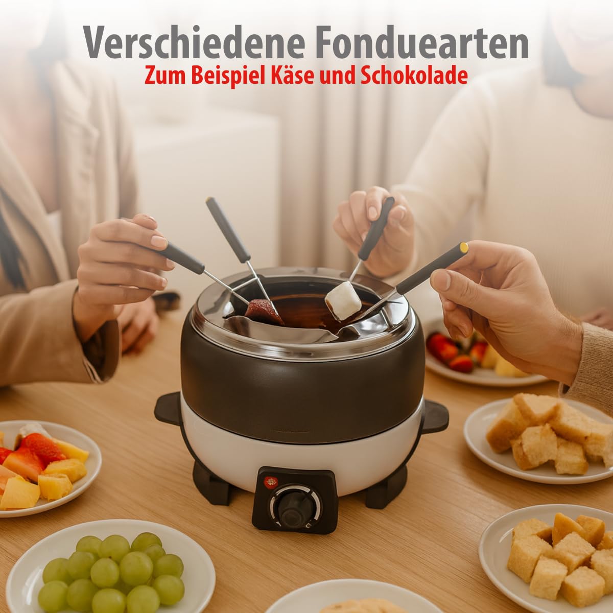 Deluxe Elektrisches Fondue Set 800W – Elektrische Pfanne 2L für 6 Personen - Geeignet für Käsefondue und Schokofondue – Inkl. Fonduegabeln – Einstellbare Temperatur – Edelstahl