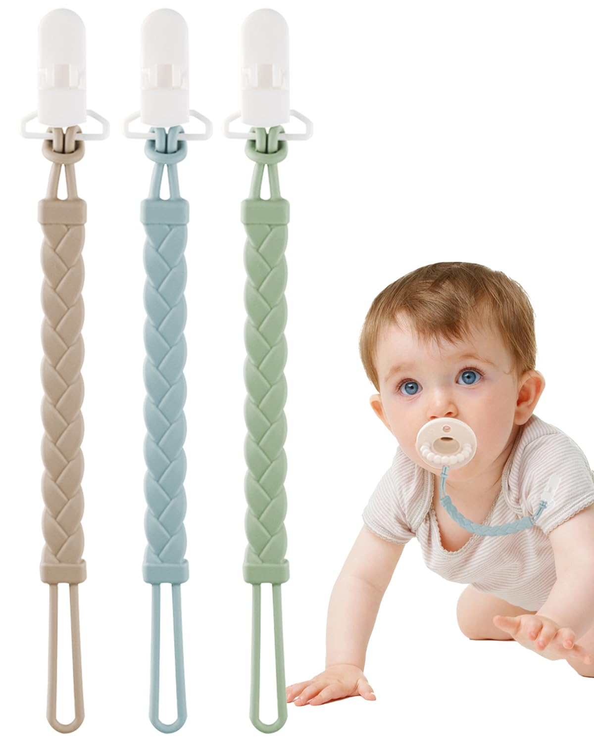 BebeCalin 3 PCS Silicone Dummy Clips, One-Piece Pacifier Holders, BPA Free Soother Chains for Boys and Girls, Ether, Sage and Sand