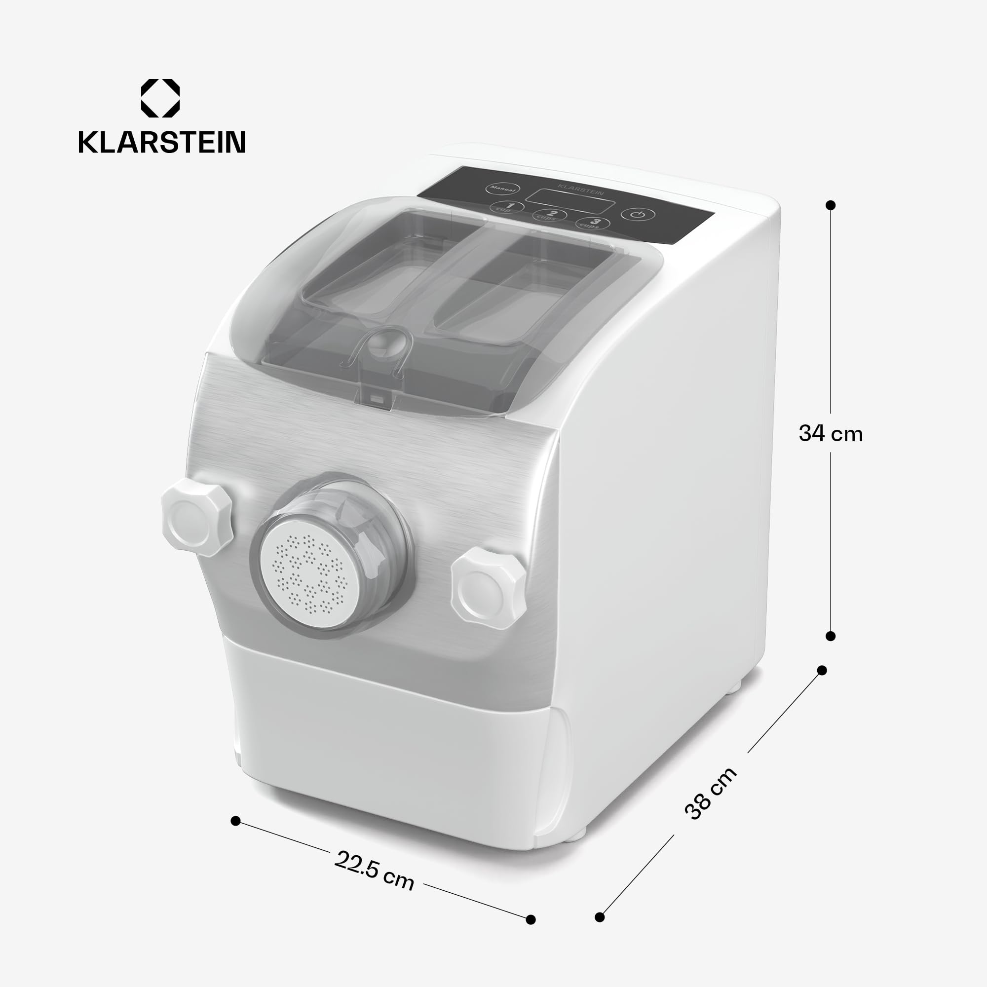 Klarstein Pastamania Nudelmaschine Elektrisch – 260 W Vollautomatische Pastamaschine mit 7 Aufsätzen, 500 g Kapazität, Leise (60 dB), LED-Anzeige, Weiß