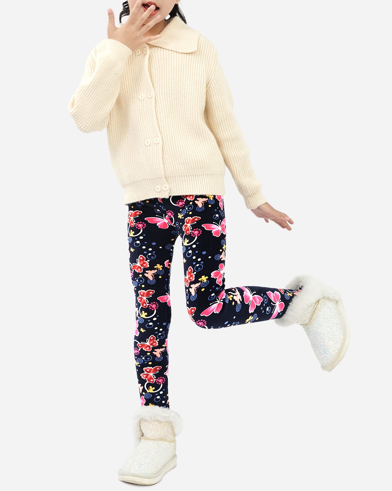 Domee Leggings Térmicos Pantalones Invierno Forro Polar Niña Pack de 2 Lazo Alfabeto Negro + Mariposa Azul Marino 8-9 años (Talla del Fabricante 140)