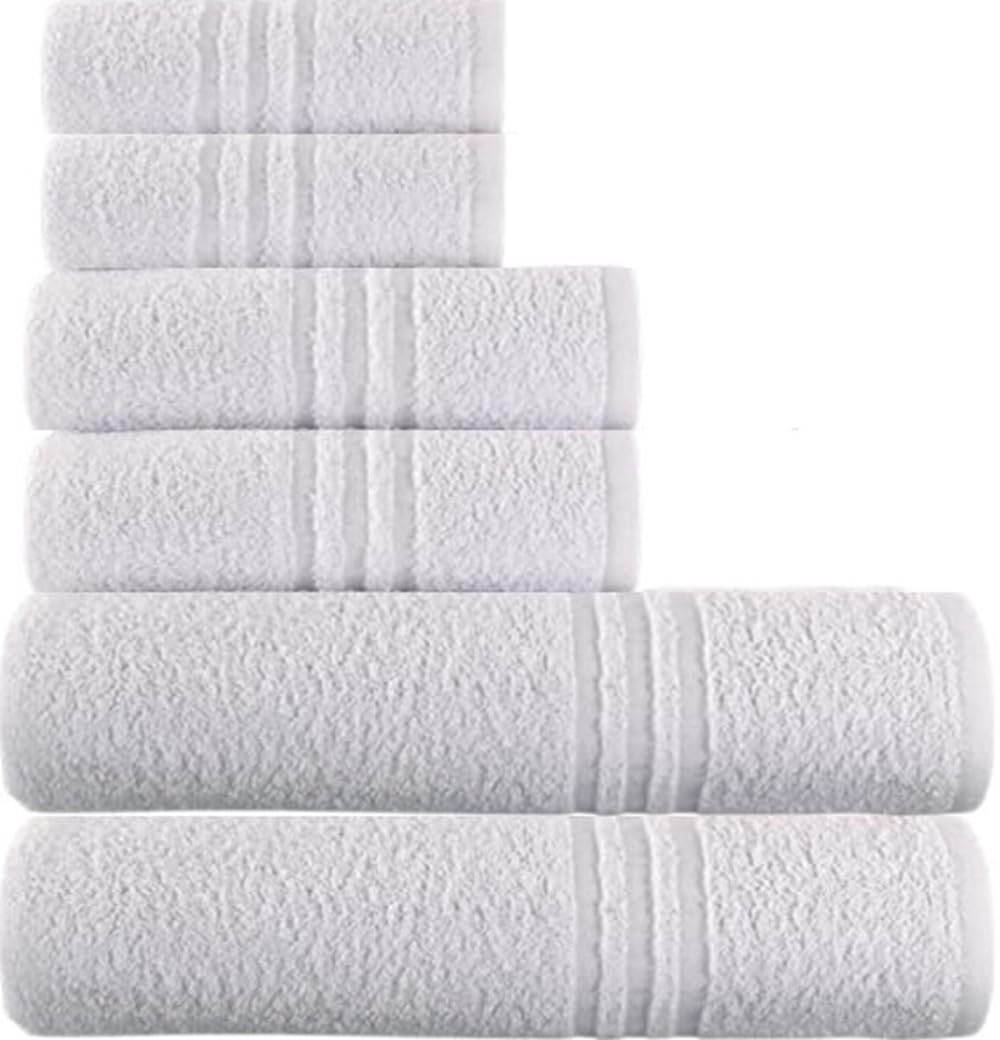 Generico 6 PEZZI Set Asciugamani Bagno Bianchi, Hotel, Cotone, 2 Telo Doccia 100x150cm + 2 Asciugamani 60x110cm + 2 Asciugamani Ospiti 40x60cm, ADATTI casa, hotel, SPA, dormitorio.