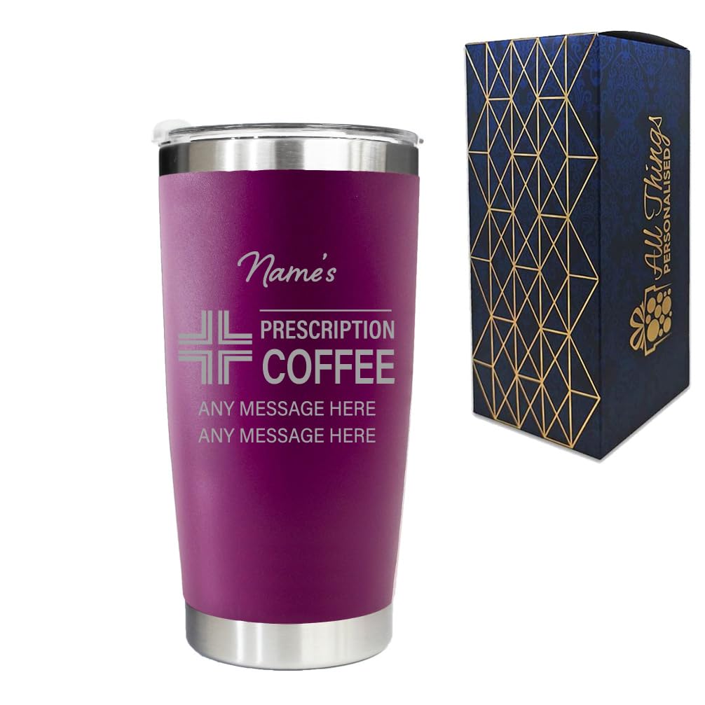 Engraved Travel Cup, Personalised Prescription for Coffee Design, 500ml or 17.5oz Capacity, Gift Boxed, Funny Gift, Dark Pink Insulated Coffee Cup